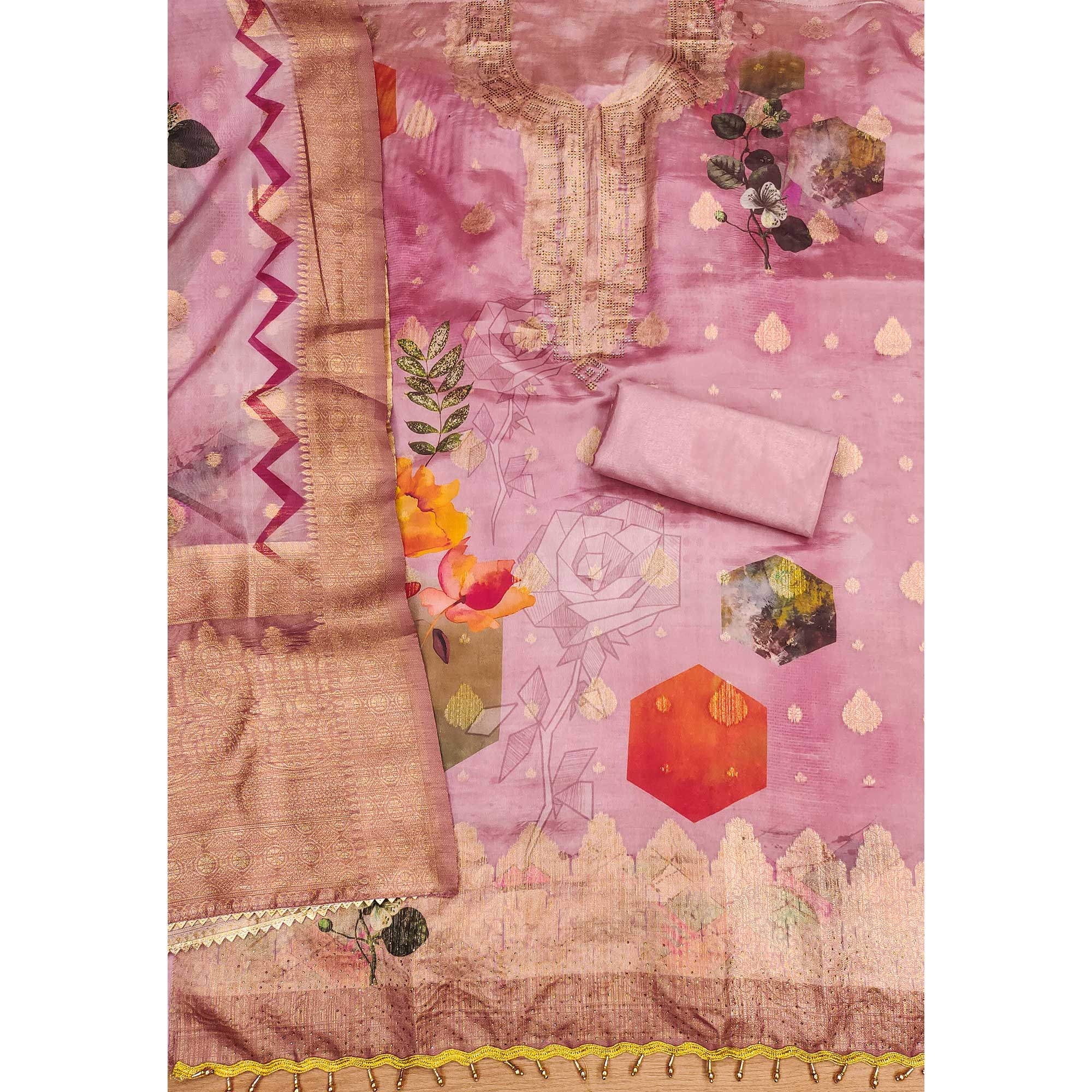 Pink Woven With Digital Printed & Swarovski Organza Dress Material