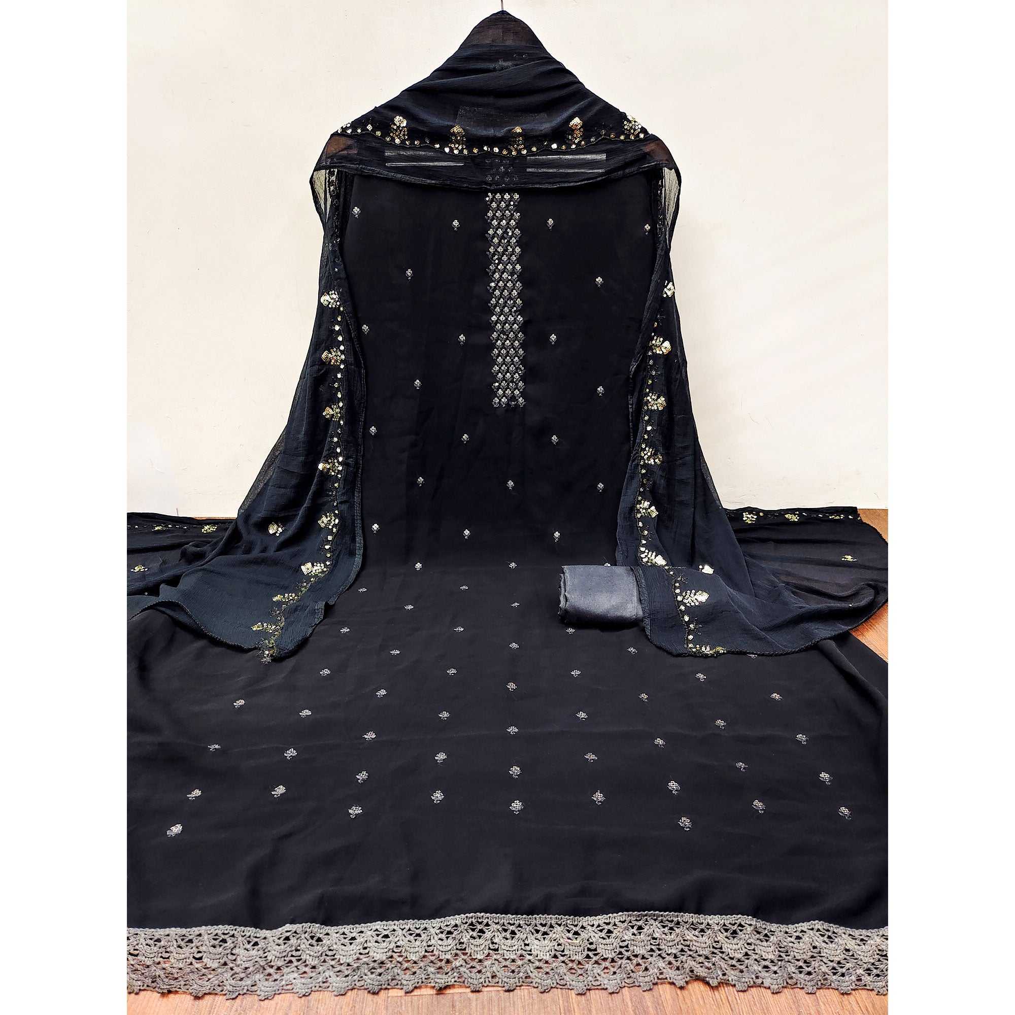 Black Floral Sequins Embroidered Georgette Dress Material