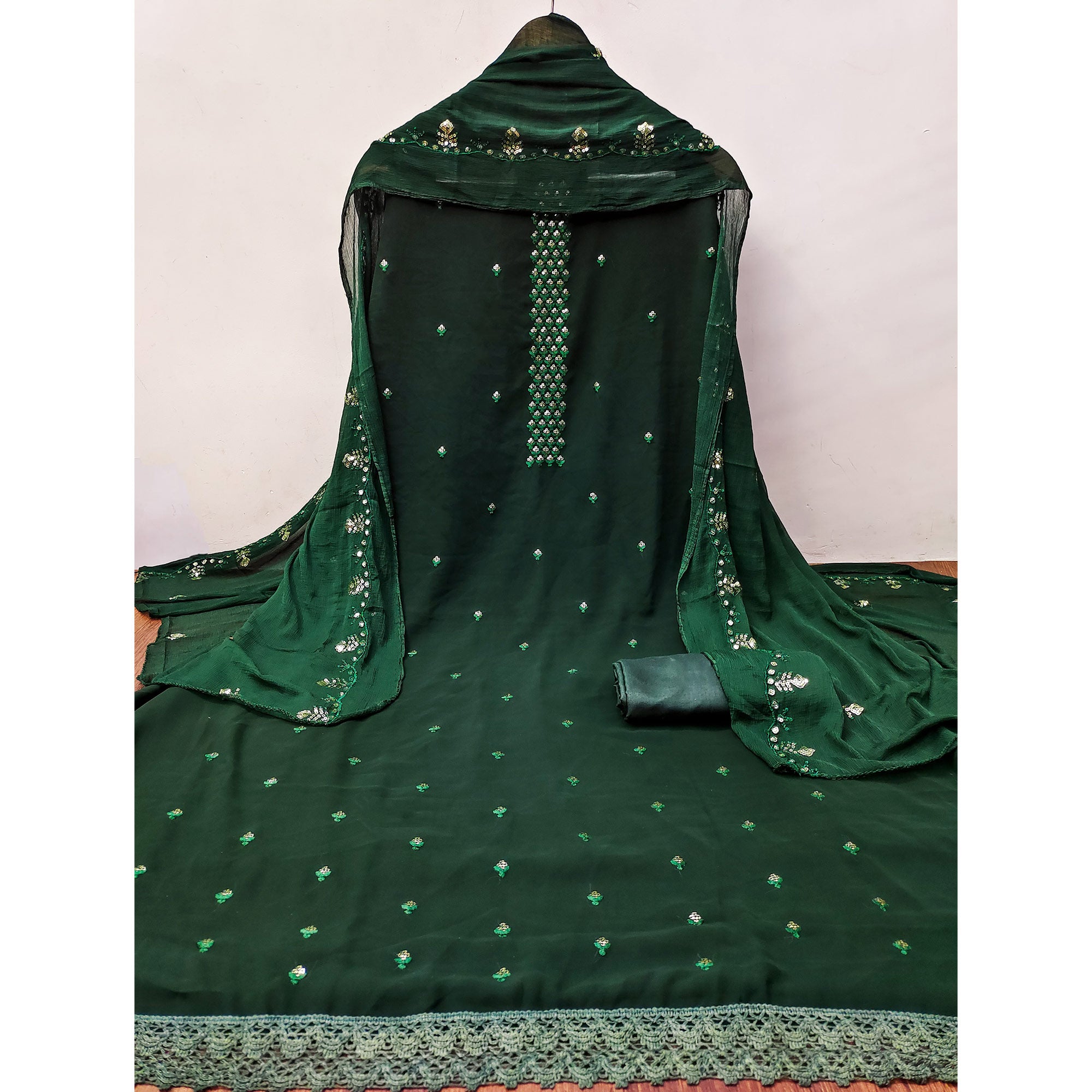 Green Floral Sequins Embroidered Georgette Dress Material