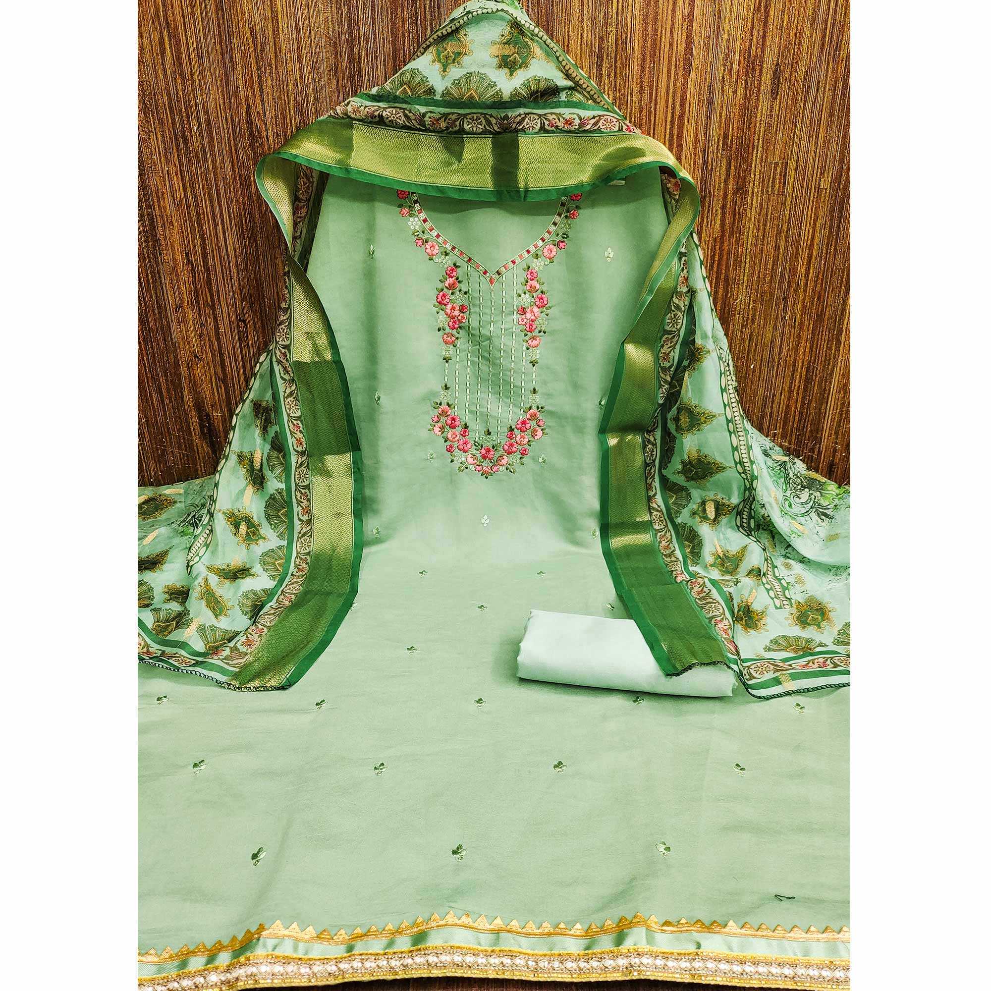 Green Floral Sequins Embroidered Chanderi Silk Dress Material