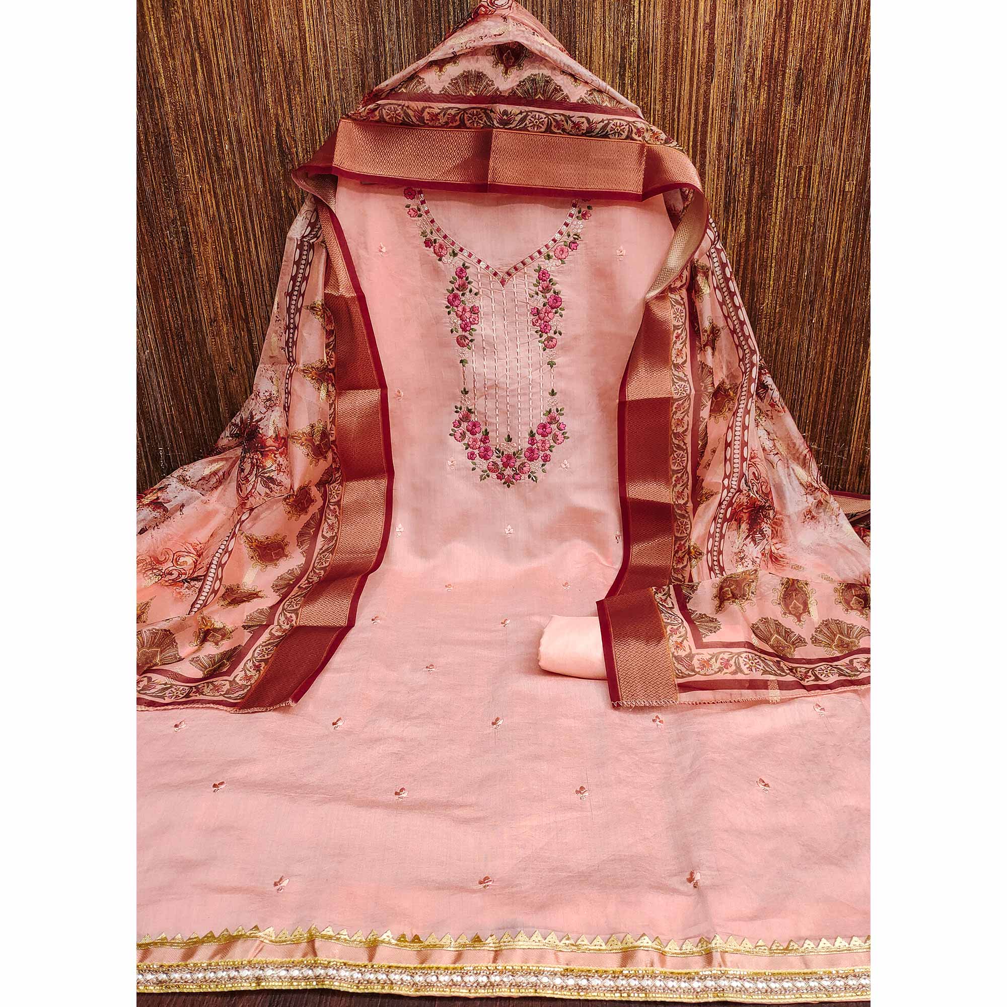 Peach Floral Sequins Embroidered Chanderi Silk Dress Material