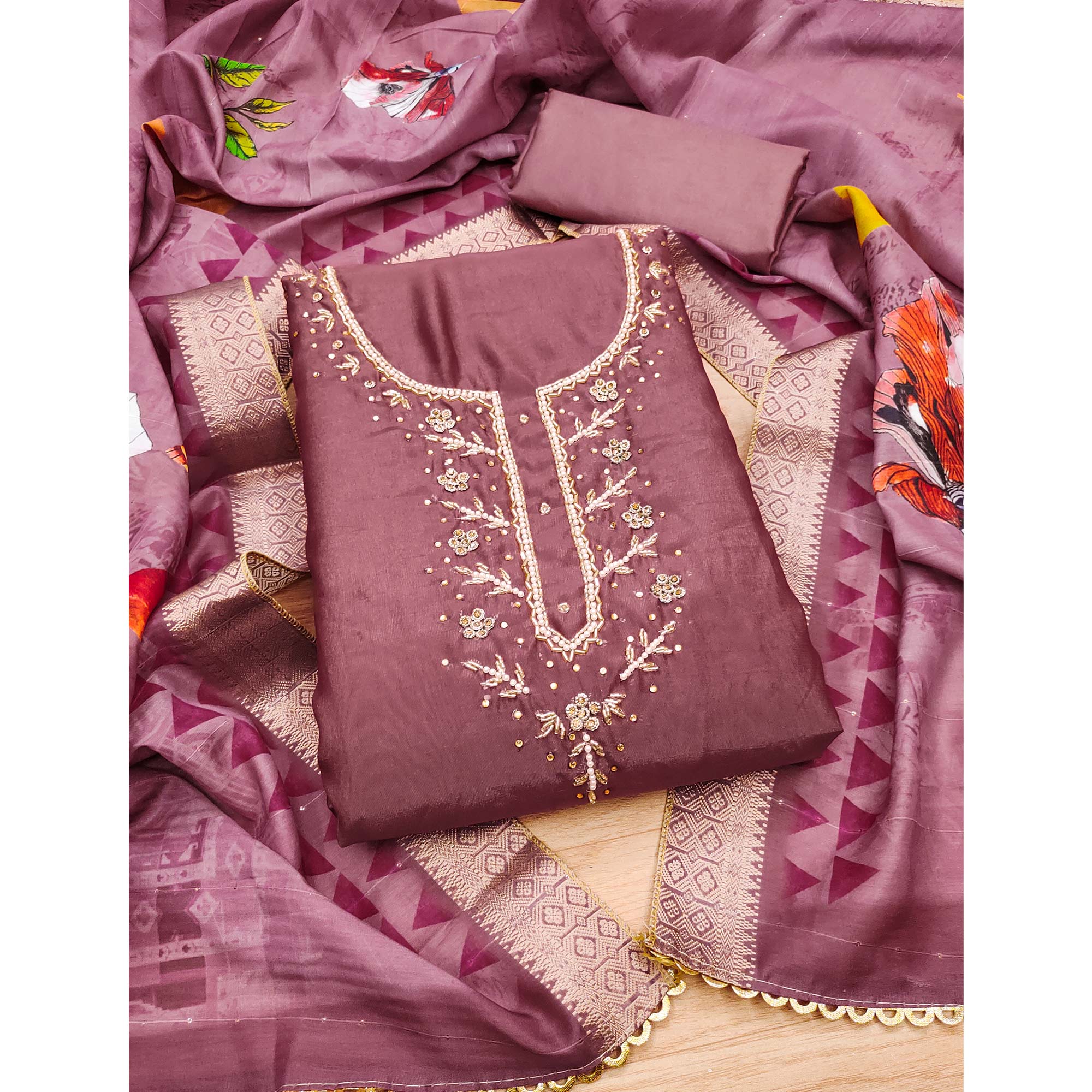 Mauve Handwork Simmer Jacquard Dress Material