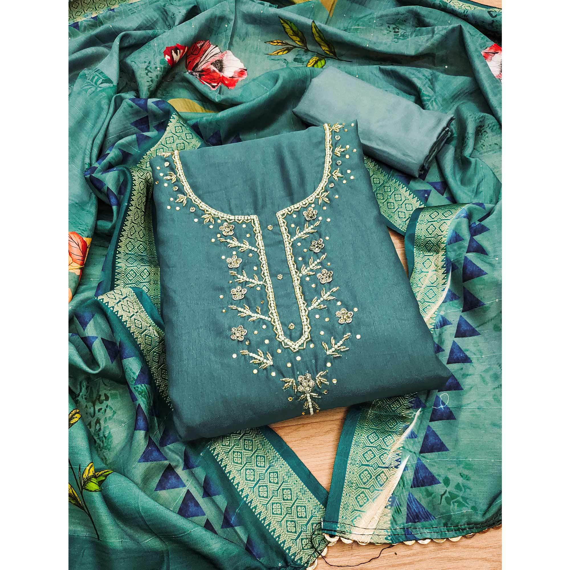 Rama Green Handwork Simmer Jacquard Dress Material