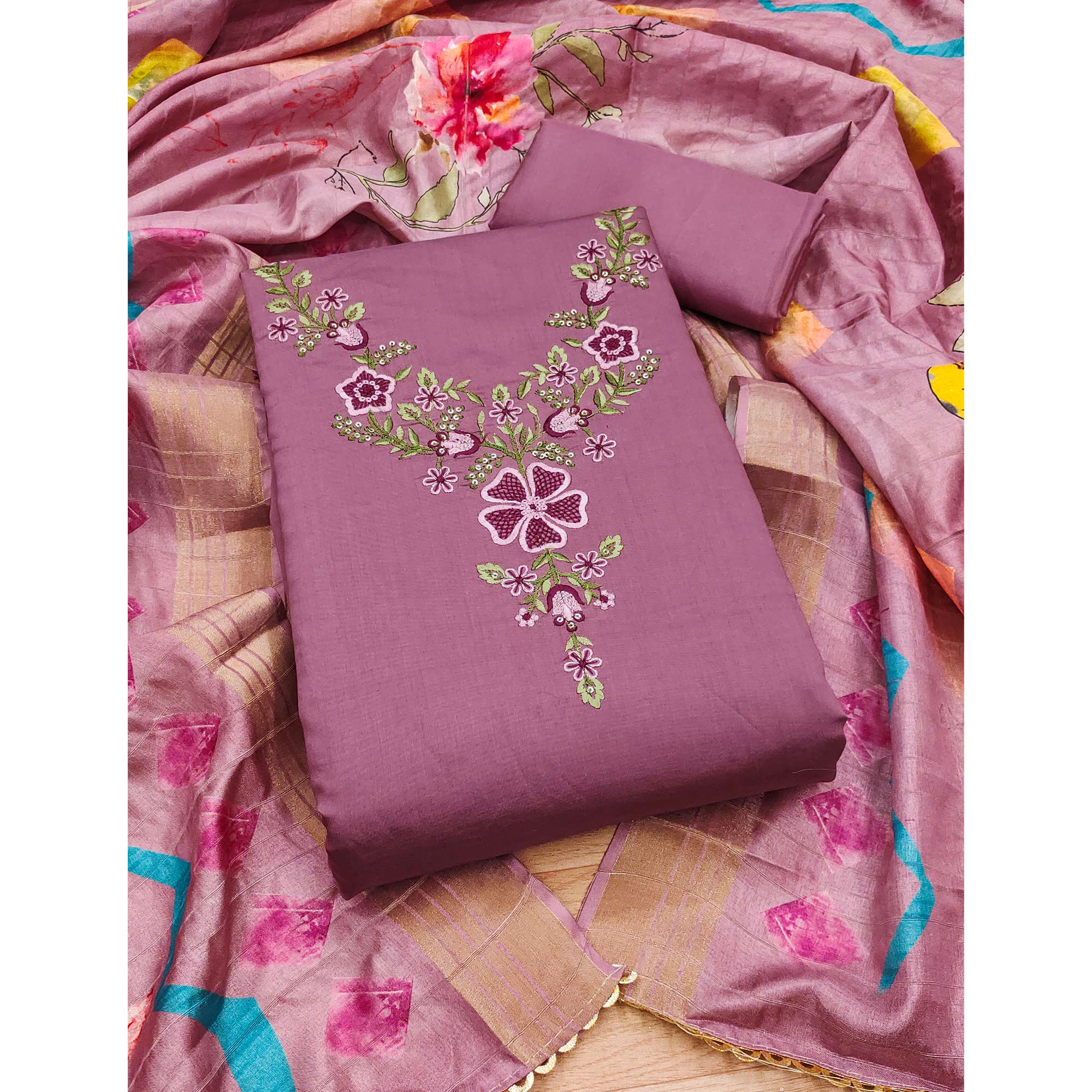 Onion Pink Embroidered Chanderi Silk Dress Material