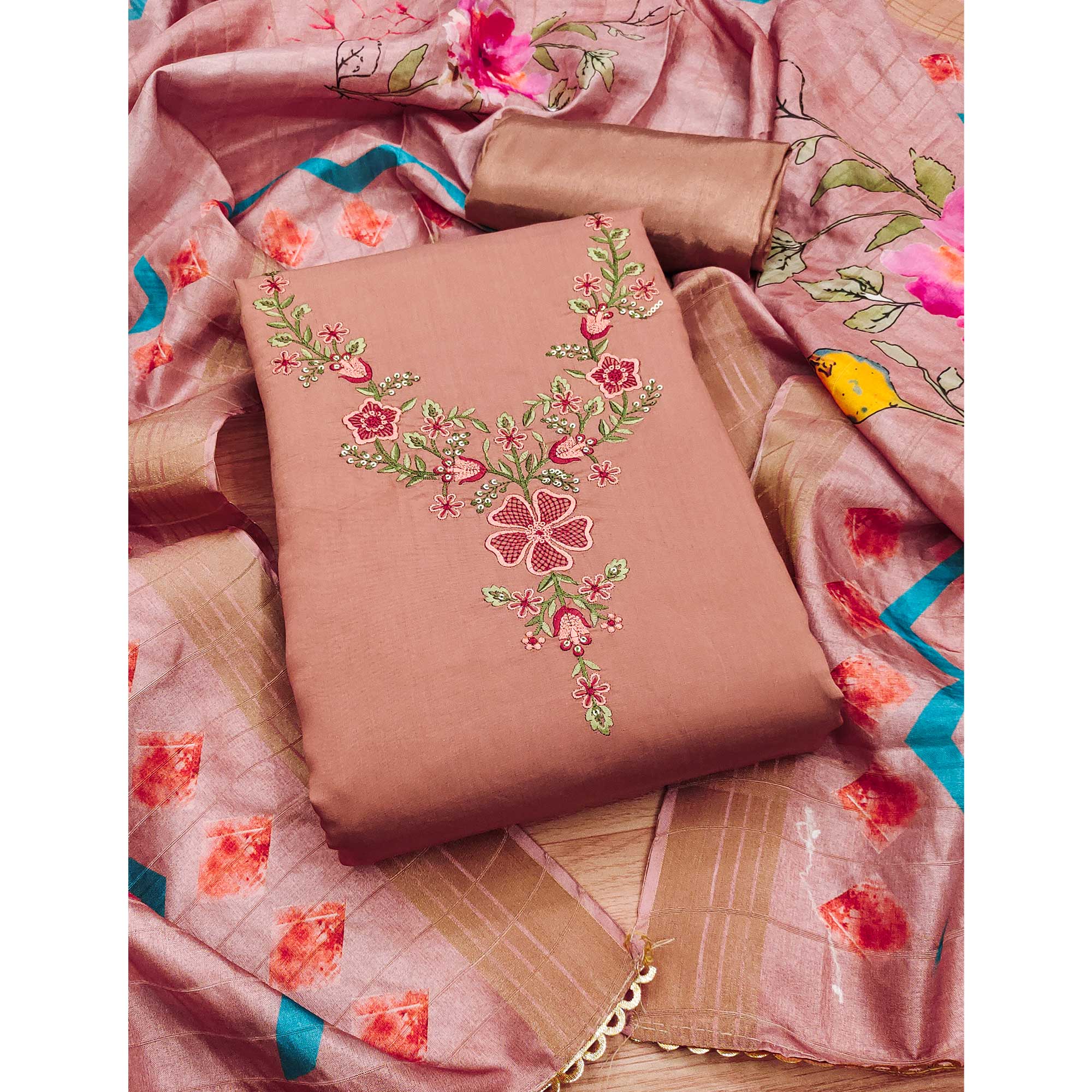 Peach Embroidered Chanderi Silk Dress Material