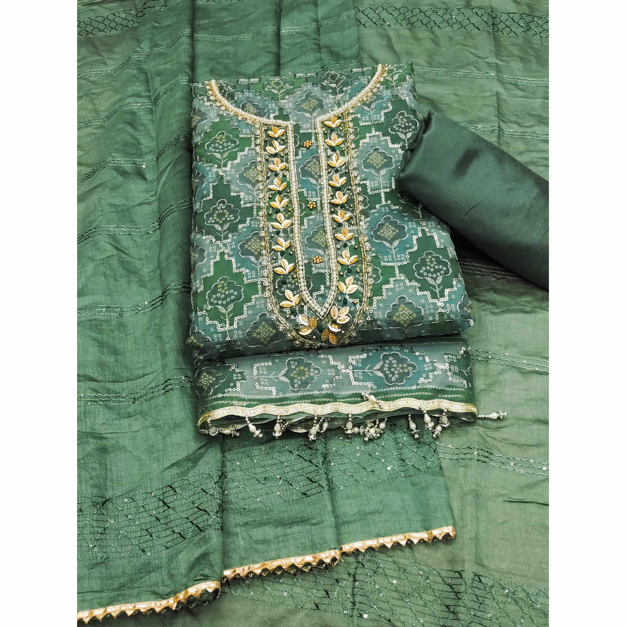 Green Sequins Embroidered With Printed Organza Dress Material