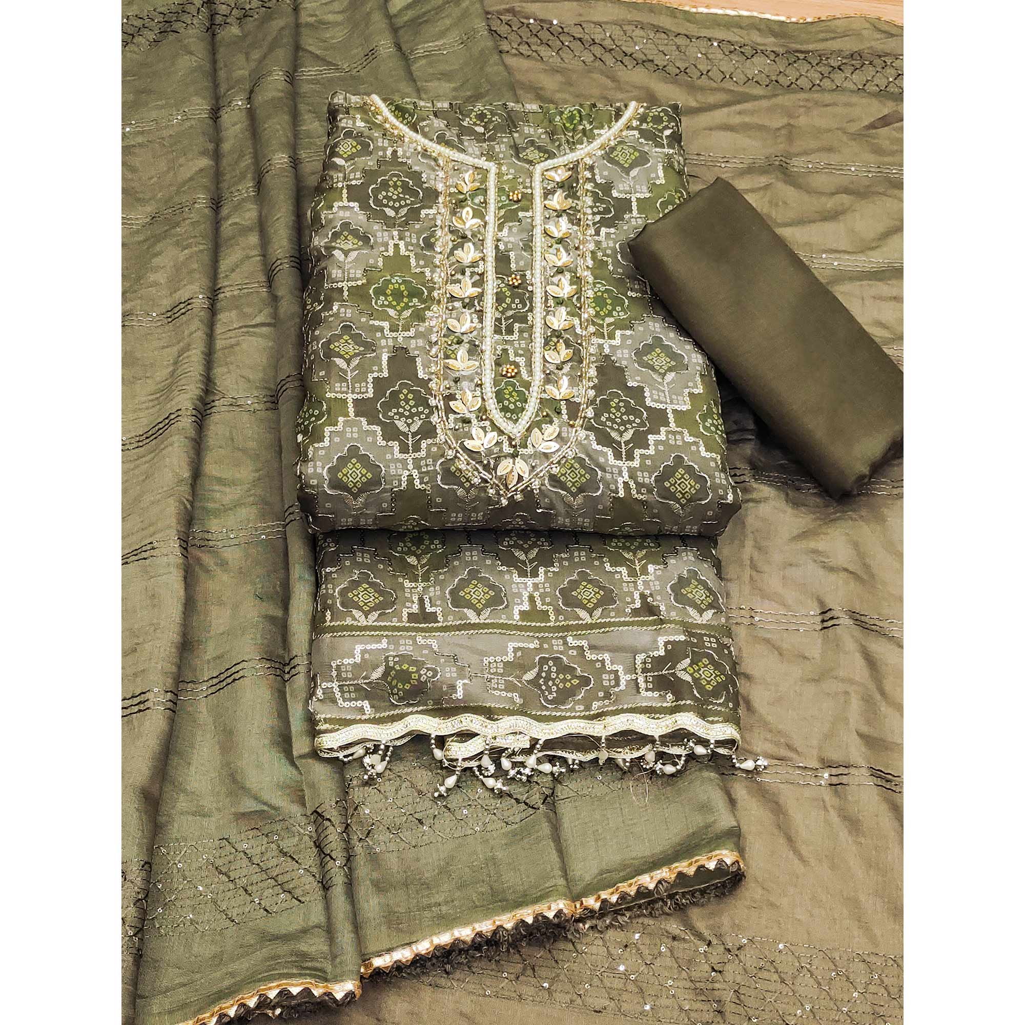 Mehendi Green Sequins Embroidered With Printed Organza Dress Material