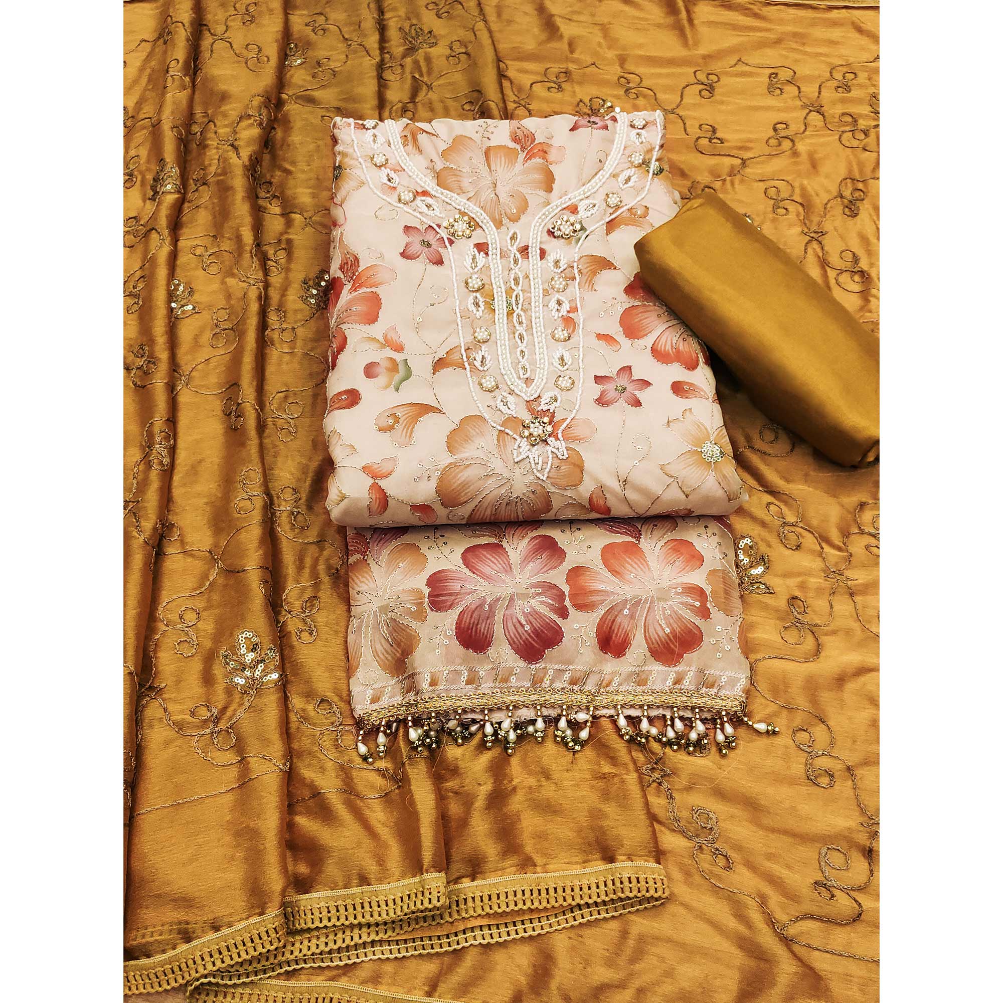 Light Peach Floral Sequins Embroidered With Printed Organza Dress Material