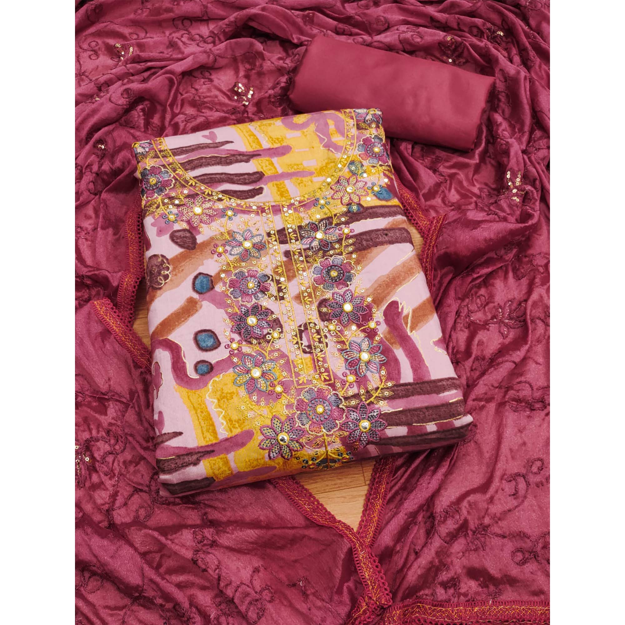 Red Foil Printed Pure Cotton Dress Material