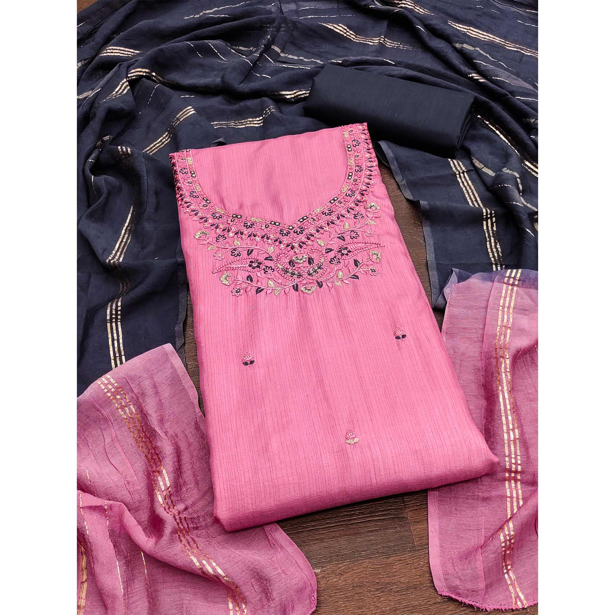 Pink Floral Embroidered Art Silk Dress Material