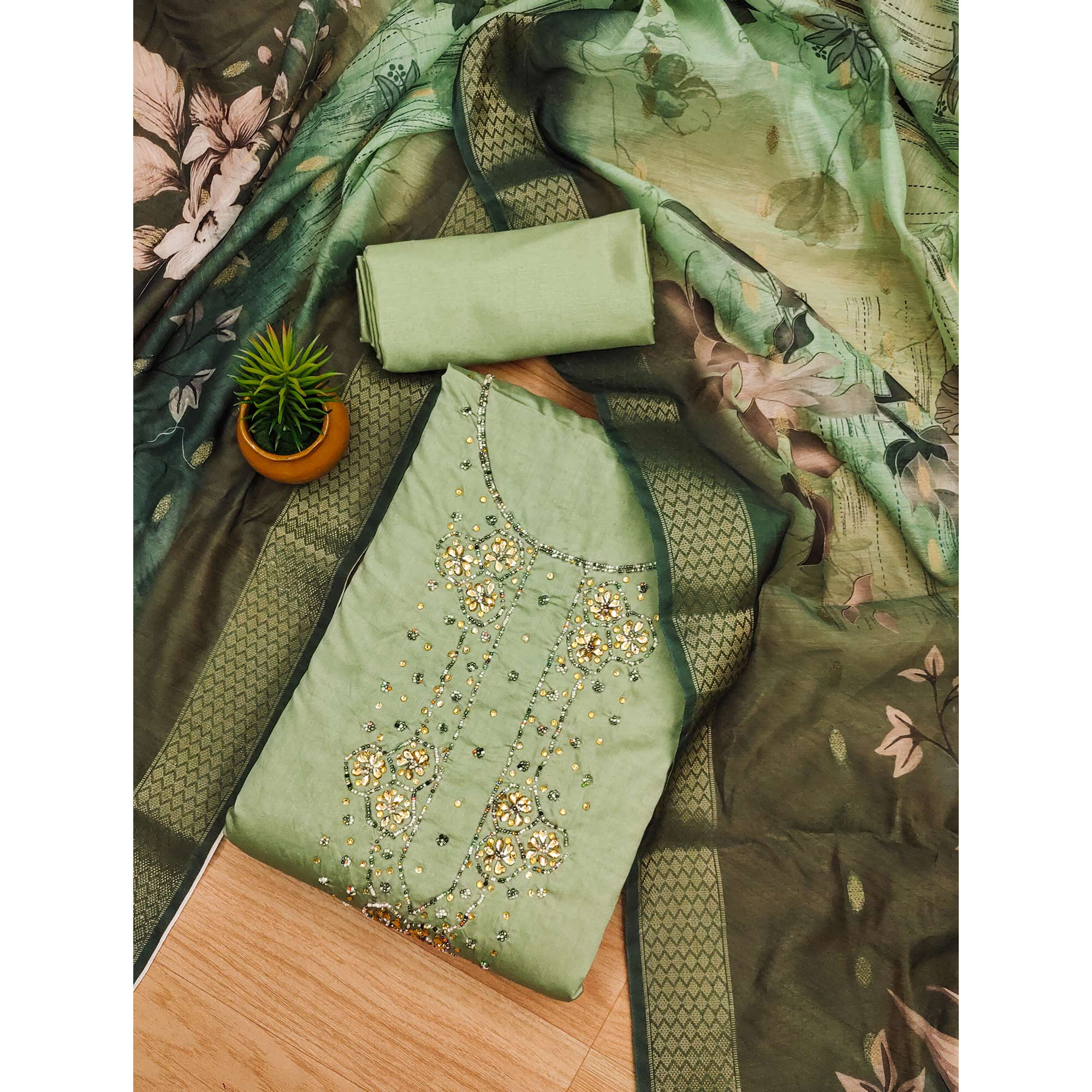 Green Floral Handwork Cotton Silk Dress Material