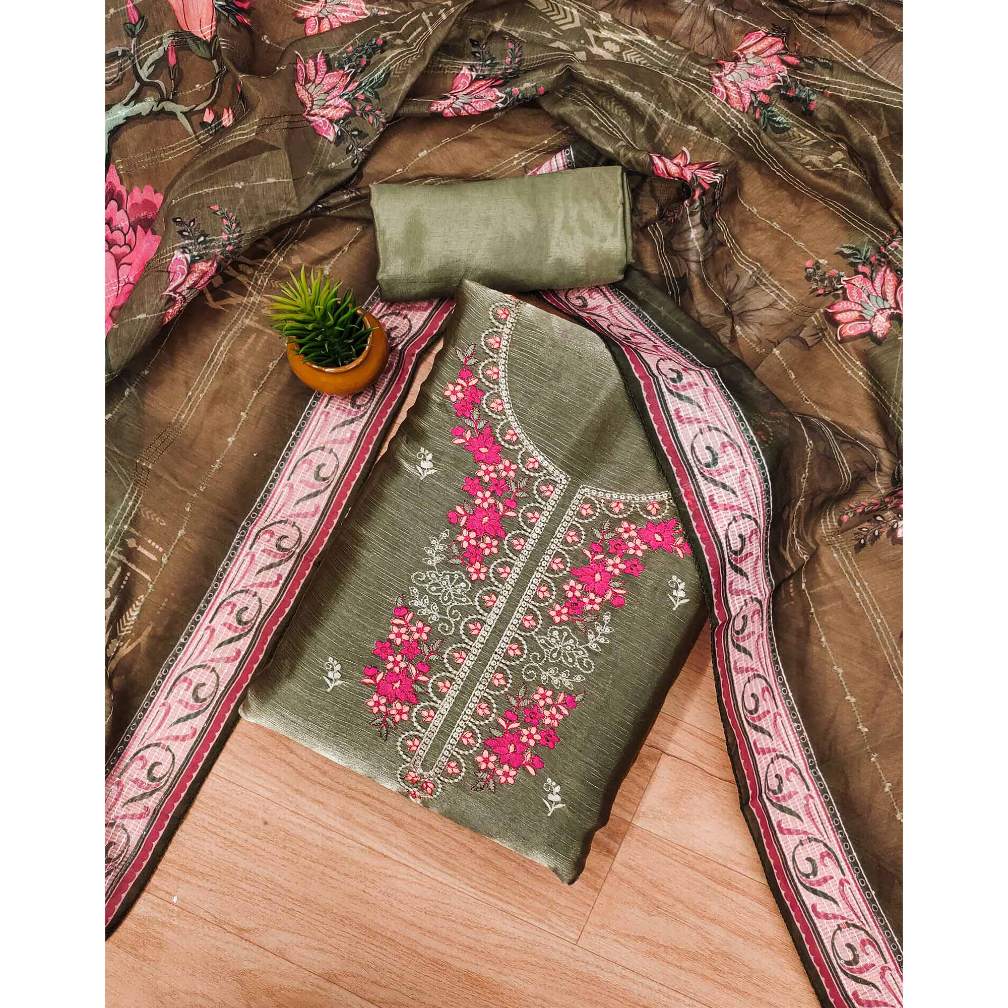 Mehendi Green Floral Sequins Embroidered Art Silk Dress Material