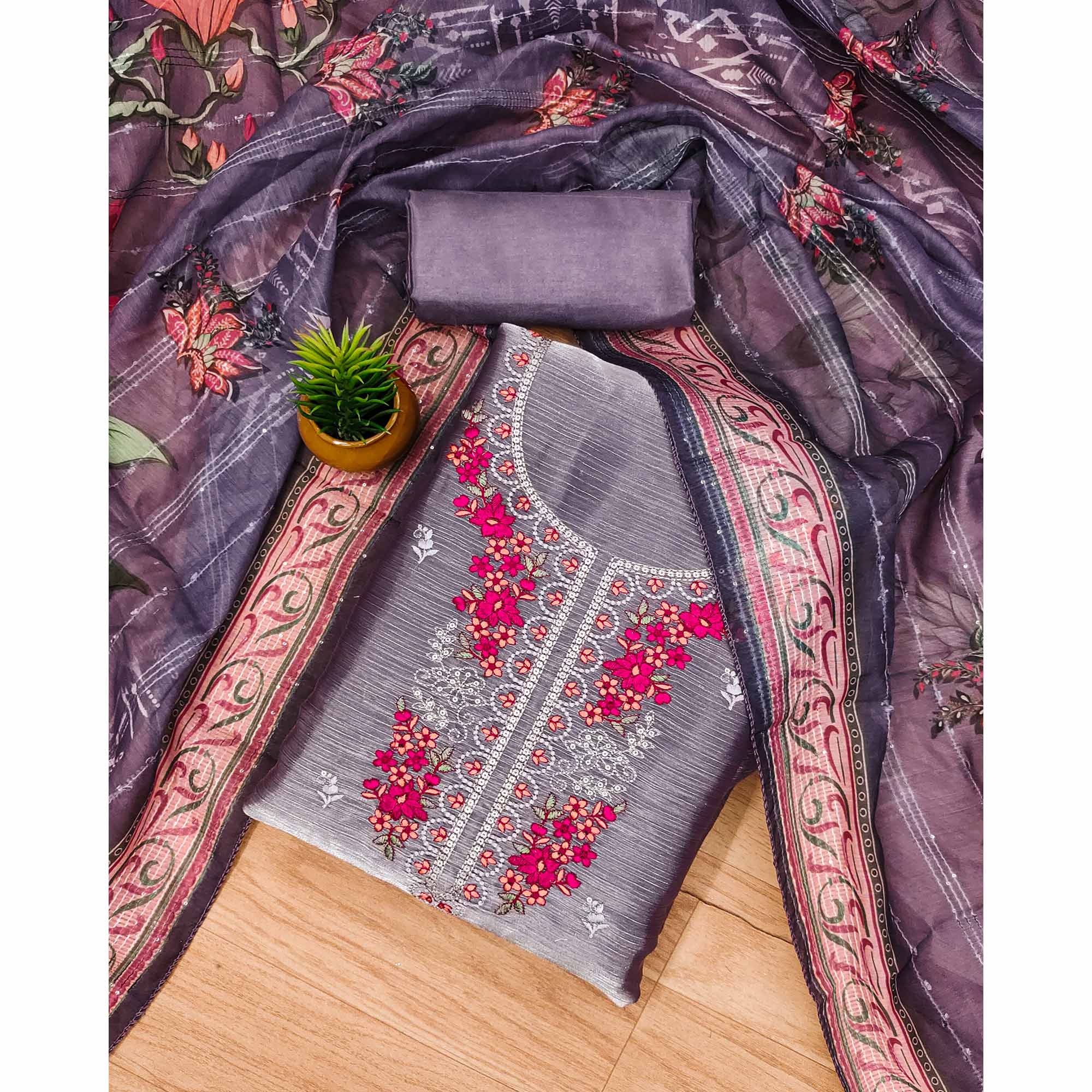 Purple Floral Sequins Embroidered Art Silk Dress Material