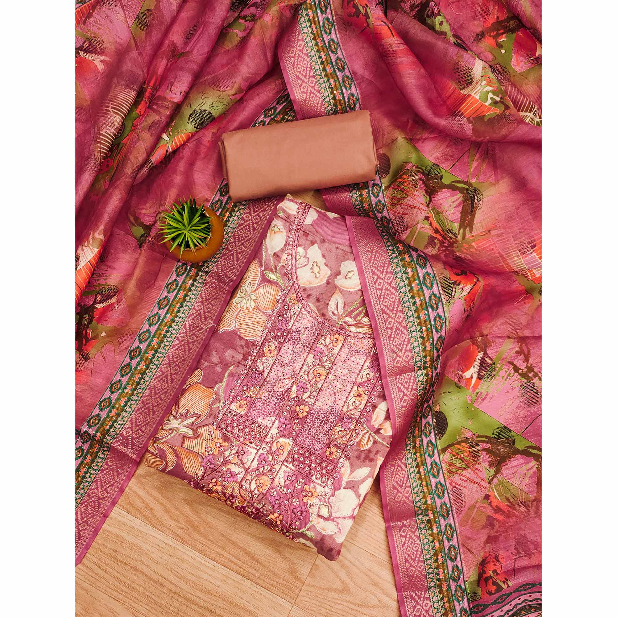 Pink Floral Foil Printed With Embroidery Modal Cotton Silk Dress Material