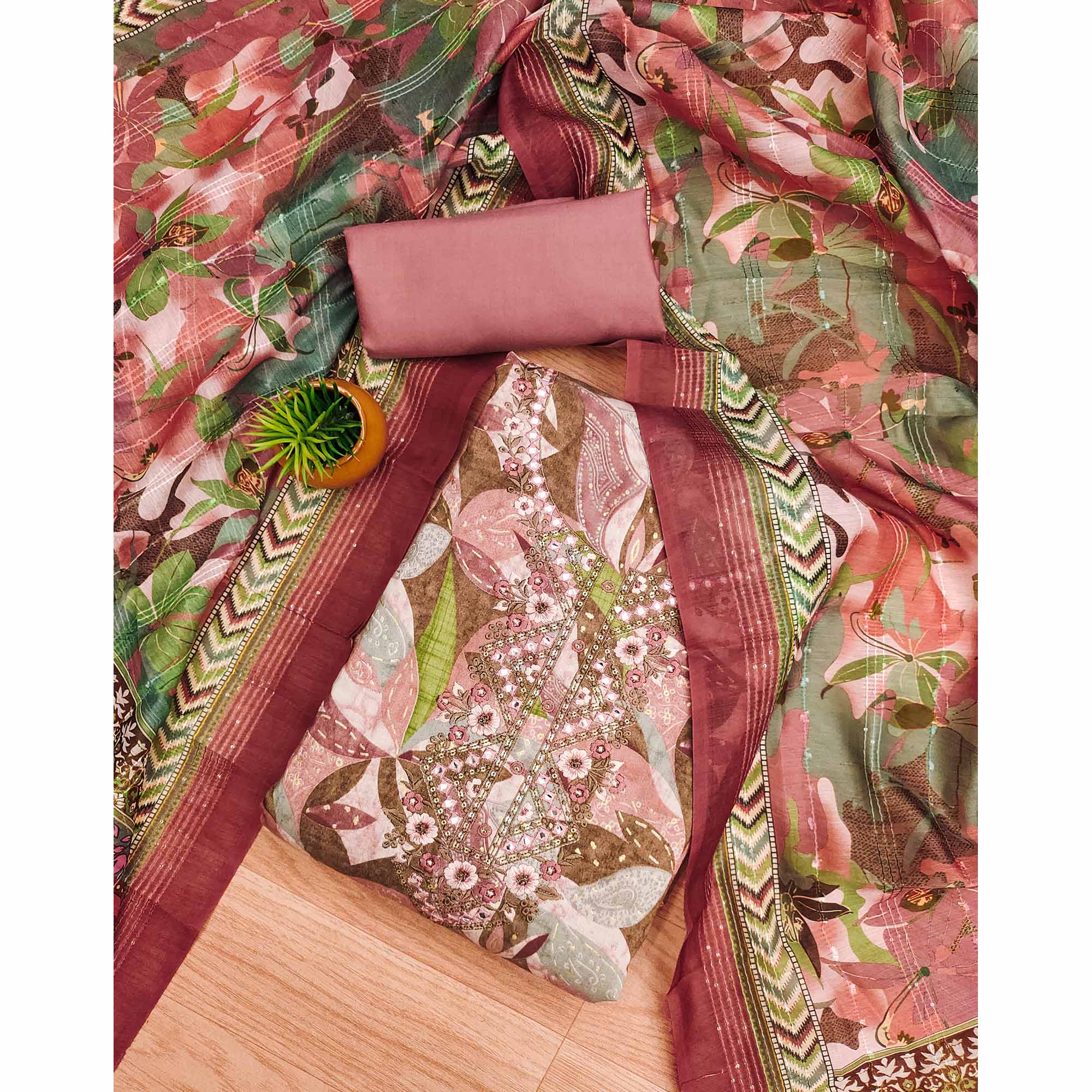 Peach Floral Foil Printed With Embroidery Modal Cotton Silk Dress Material