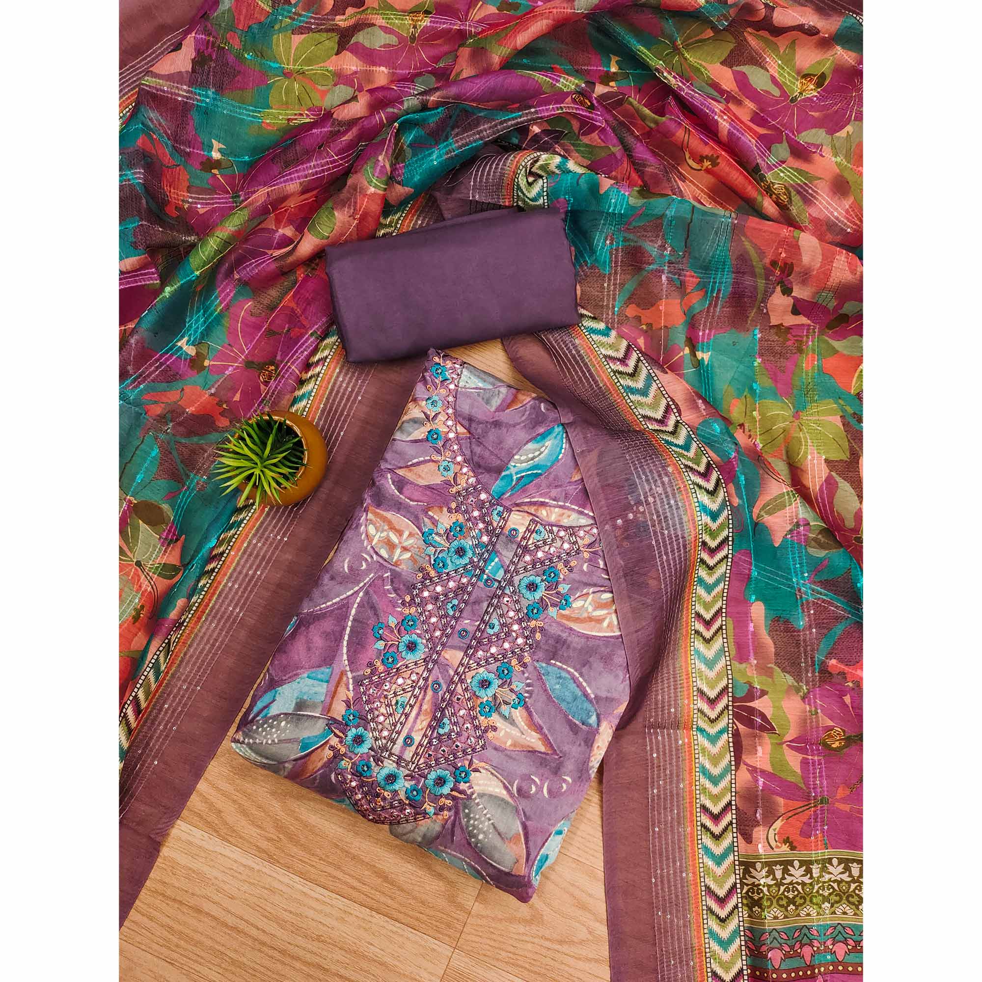 Purple Floral Foil Printed With Embroidery Modal Cotton Silk Dress Material