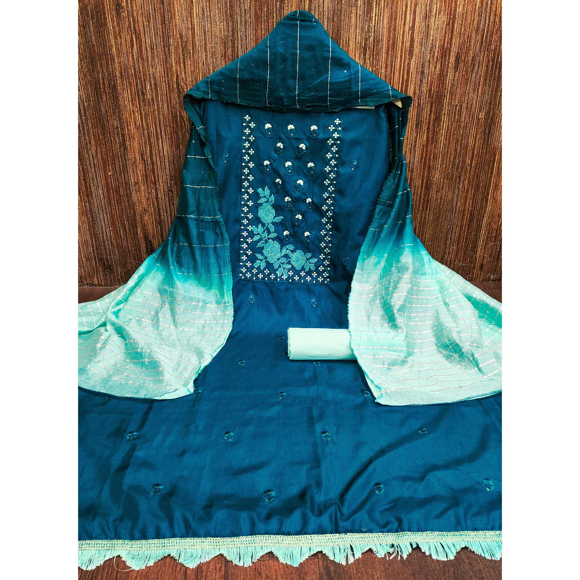 Blue Embroidered Art Silk Dress Material