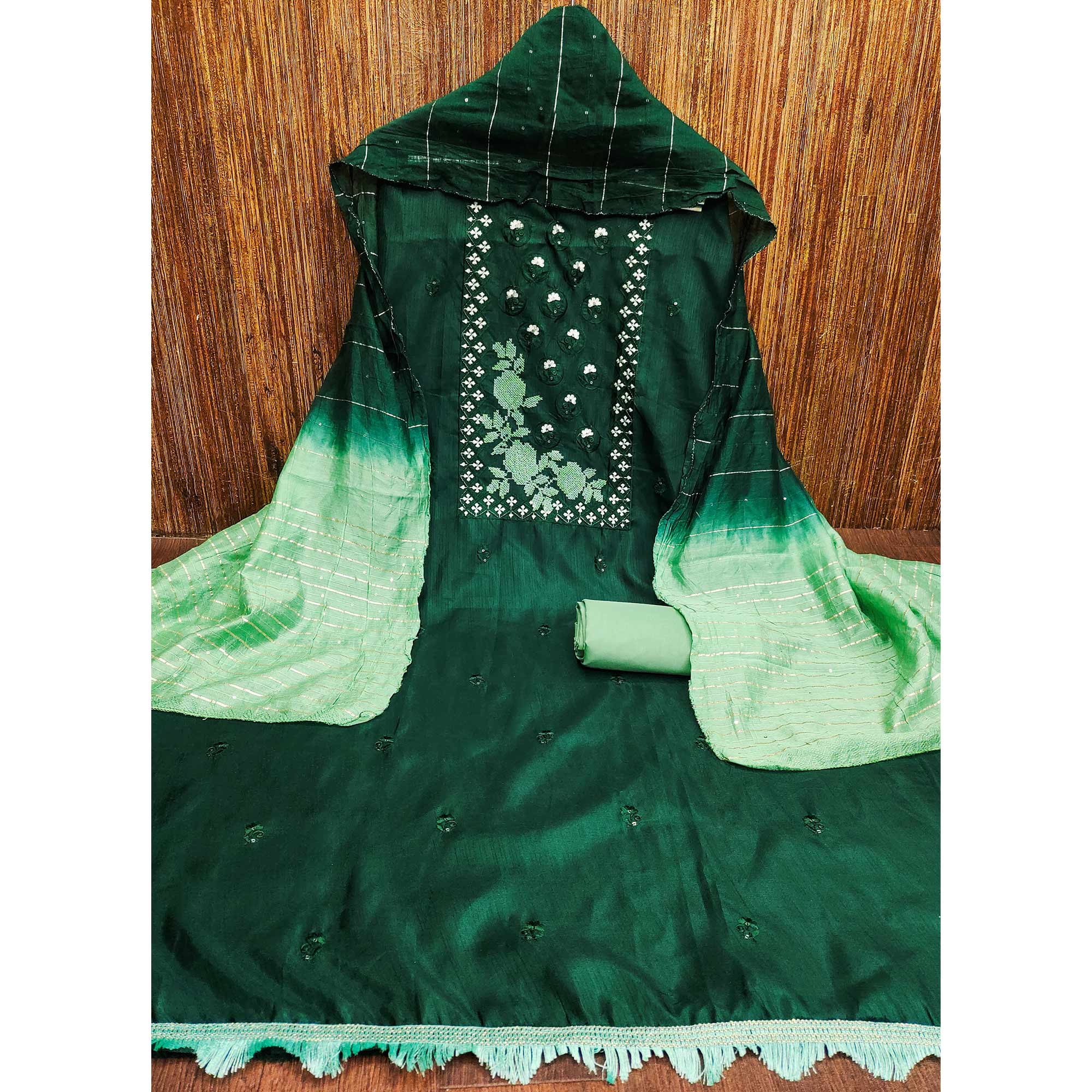 Green Embroidered Art Silk Dress Material