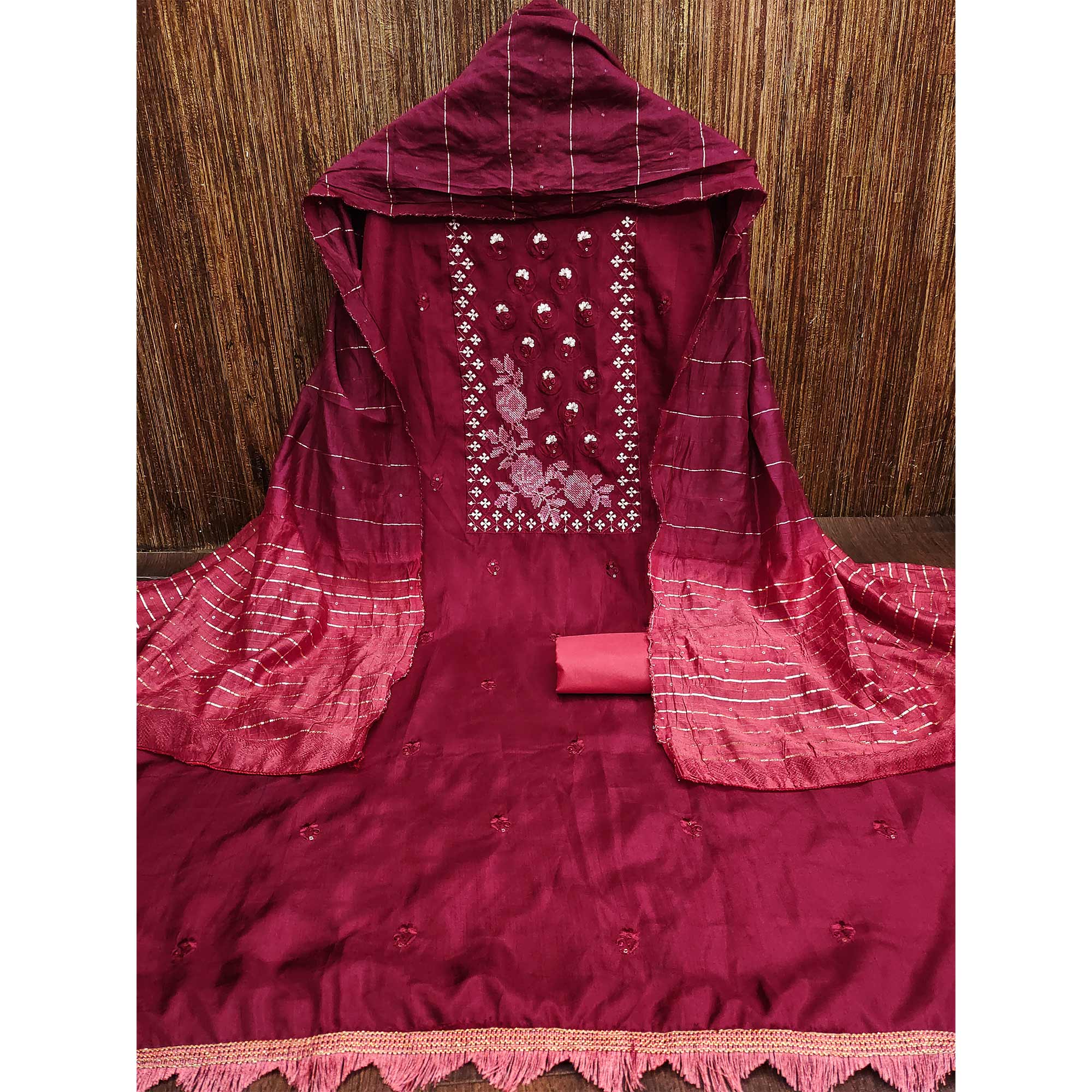 Maroon Embroidered Art Silk Dress Material