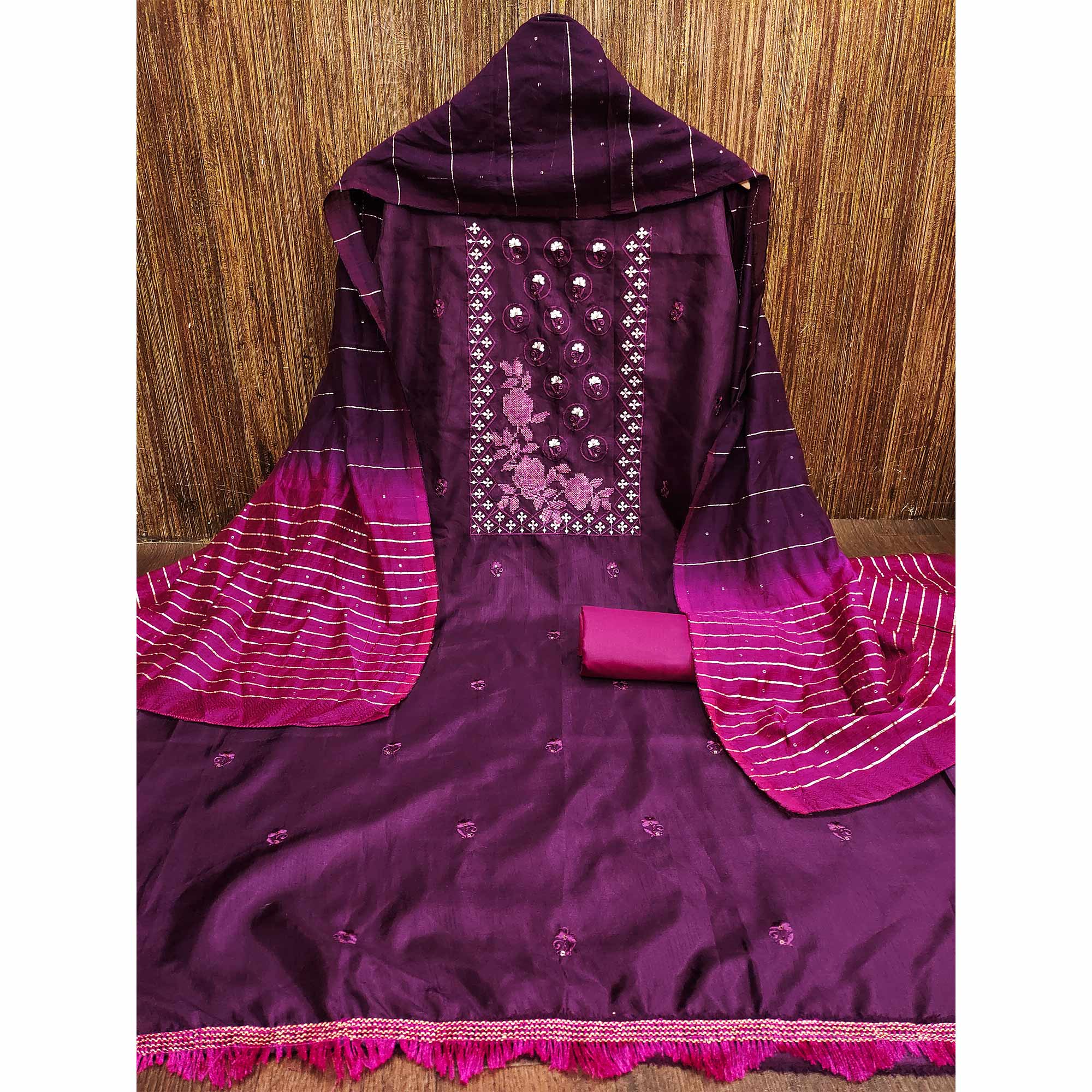 Purple Embroidered Art Silk Dress Material