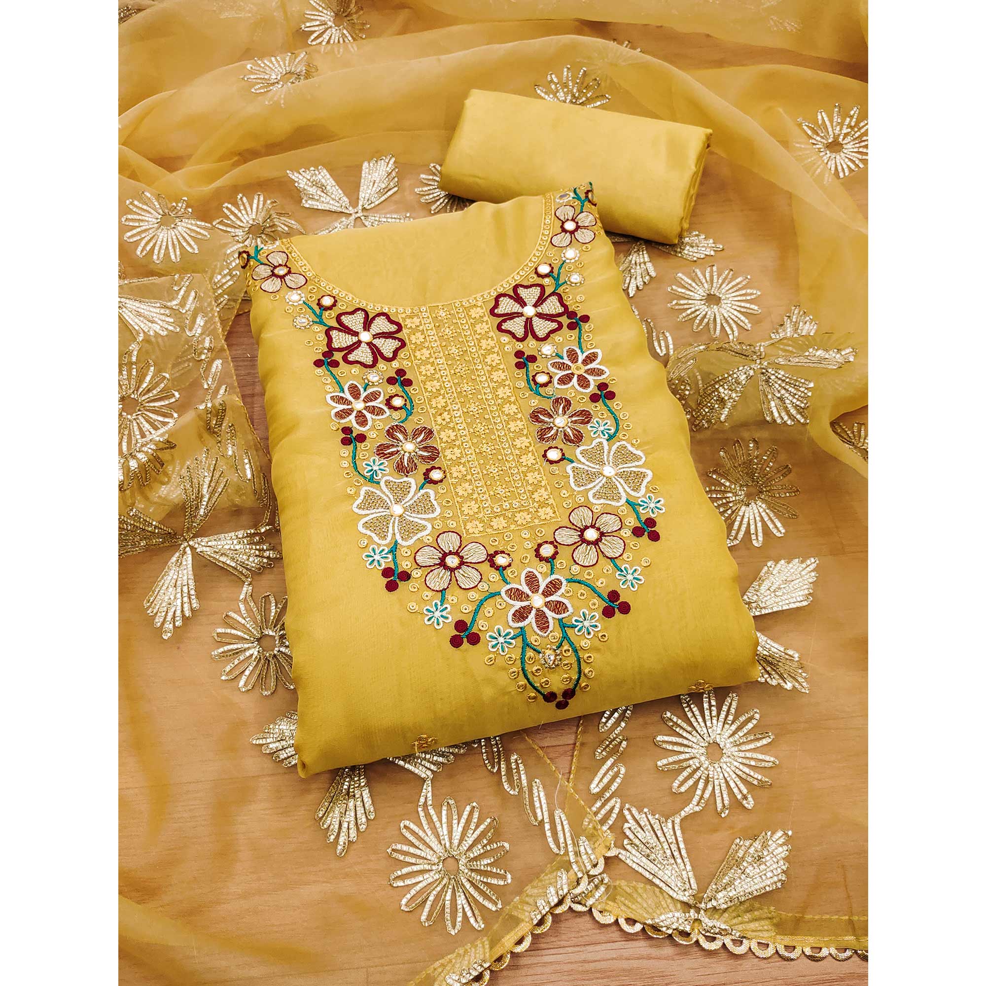 Yellow Floral Embroidered Soft Organza Dress Material