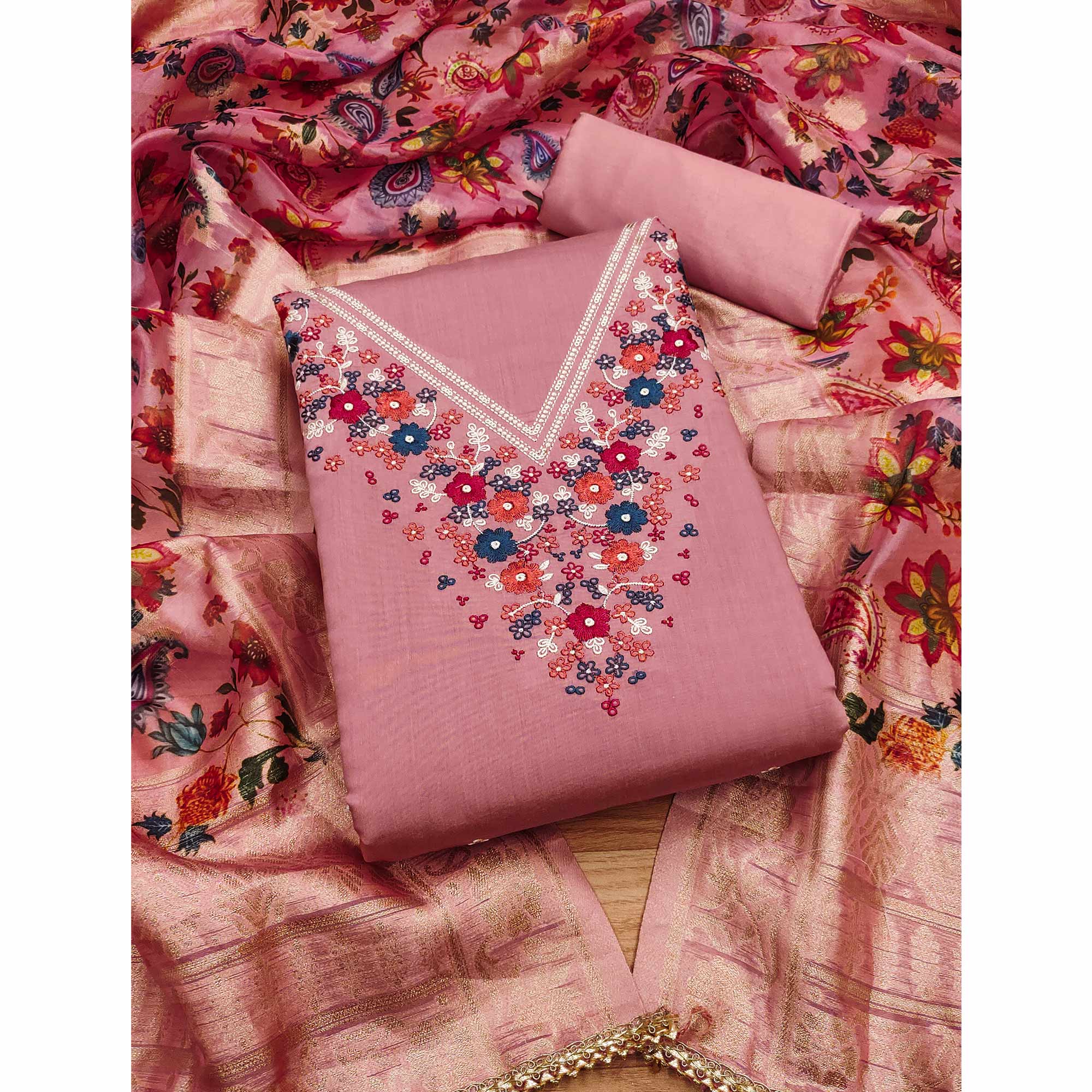 Peach Floral Embroidered Roman Cottom Silk Dress Material