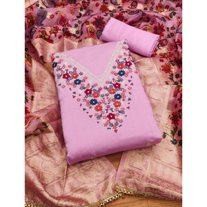 Pink Floral Embroidered Roman Cottom Silk Dress Material