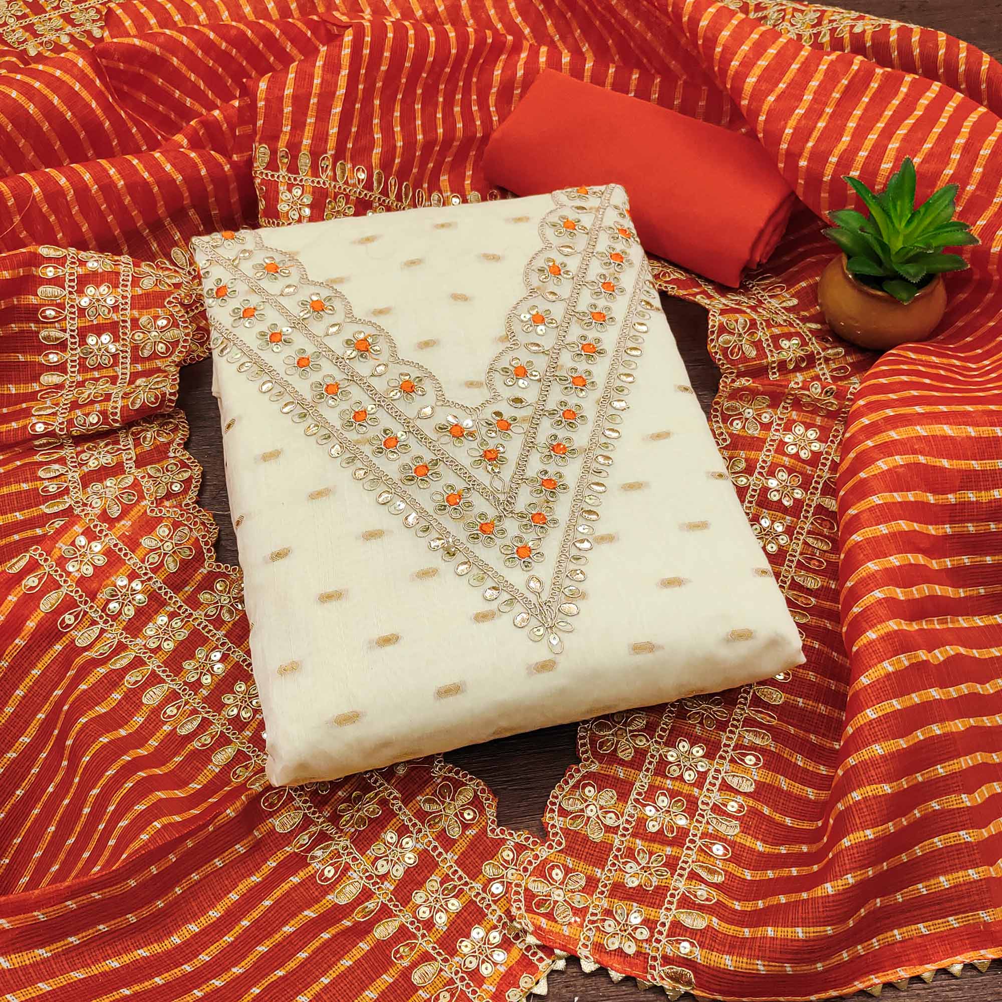 Off White & Orange Embroidered Chanderi Dress Material