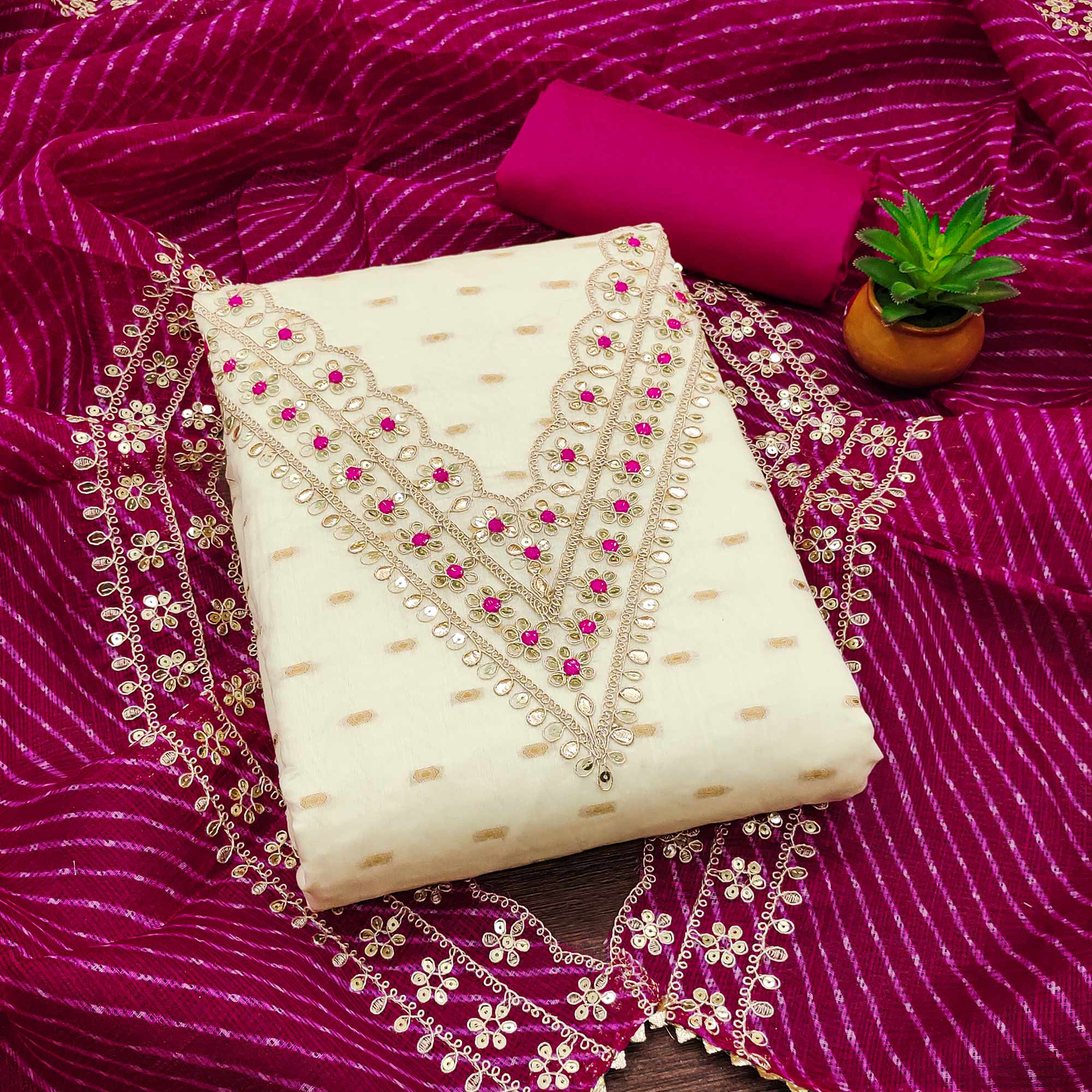 Off White & Pink Embroidered Chanderi Dress Material