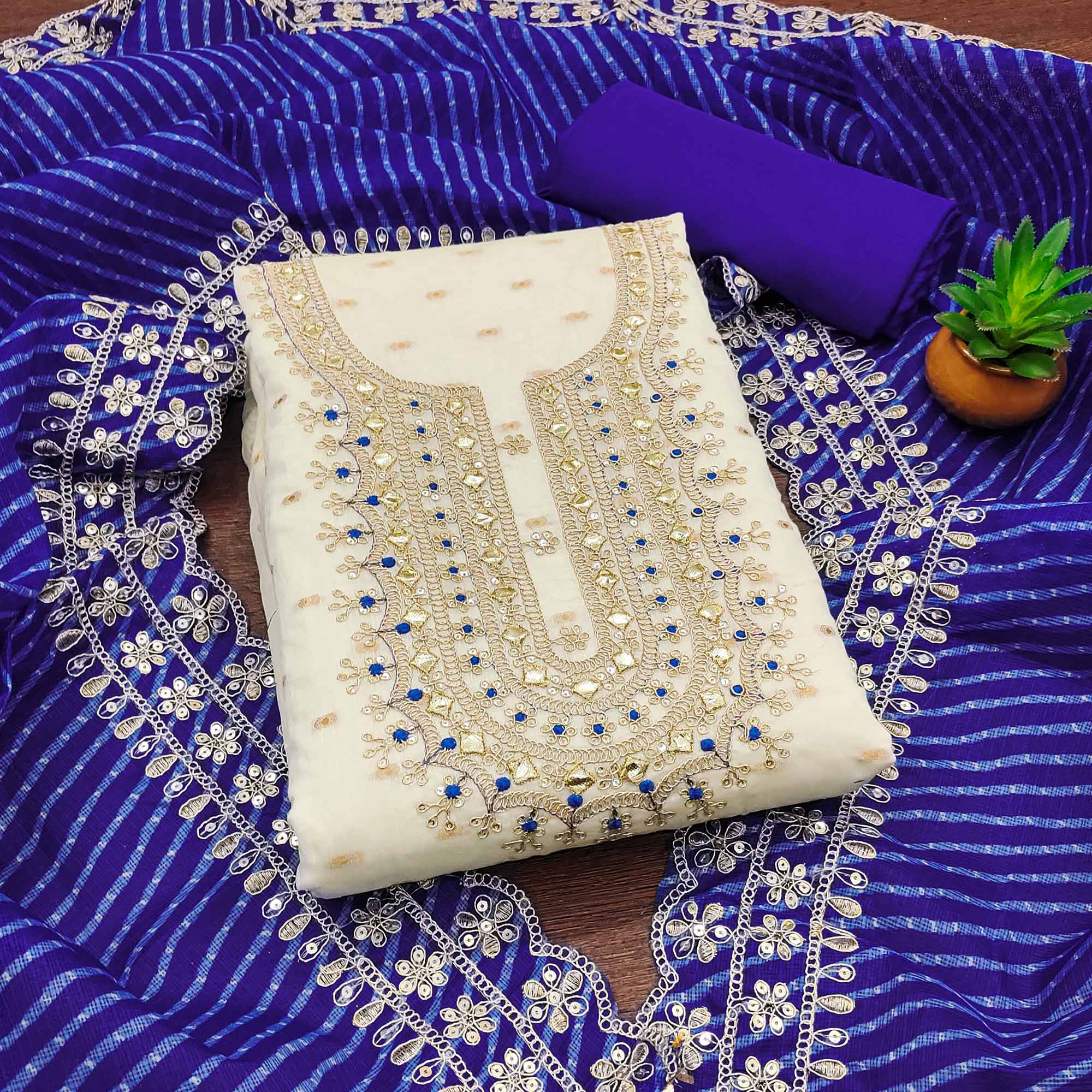 Off White & Blue Embroidered Chanderi Dress Material