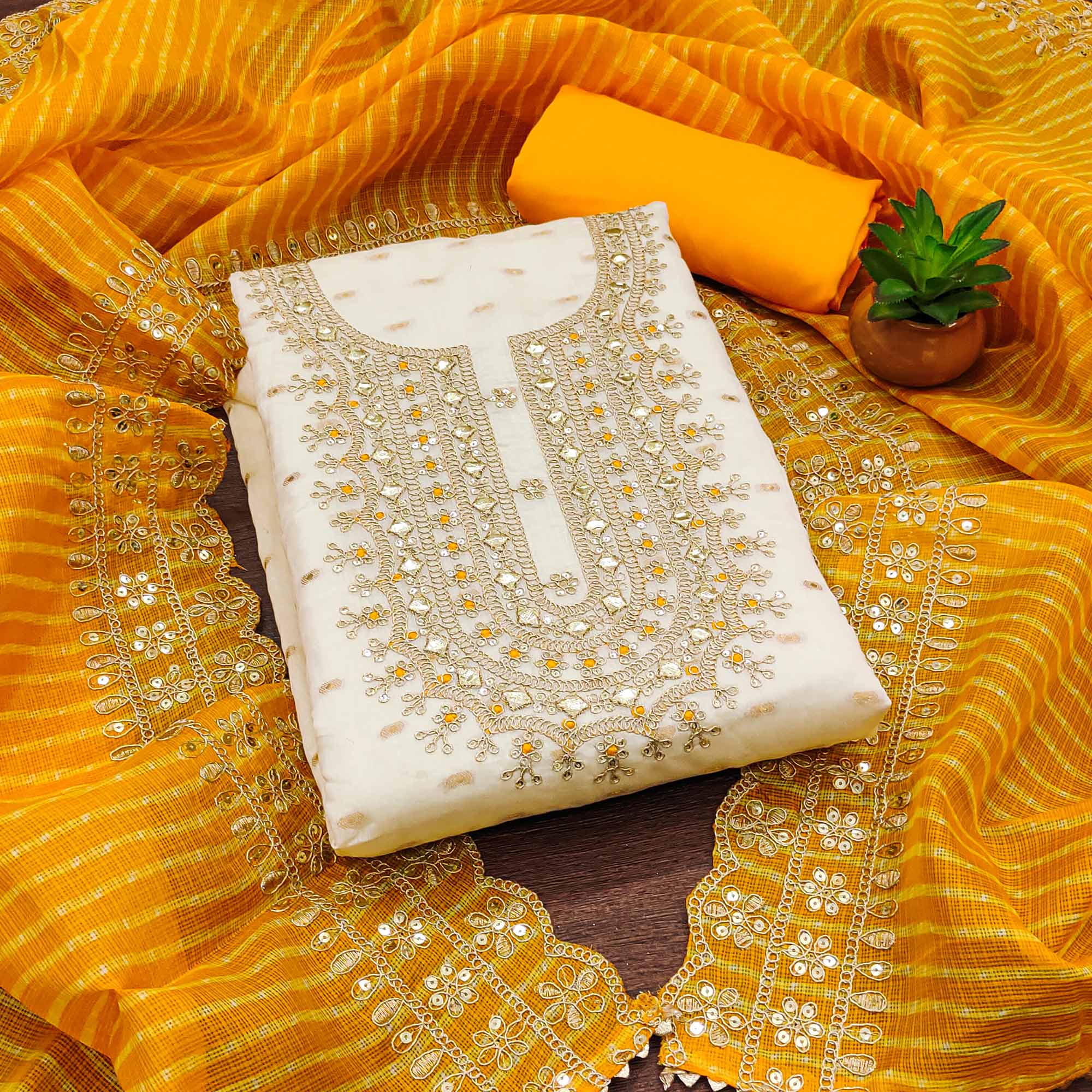 Off White & Yellow Embroidered Chanderi Dress Material