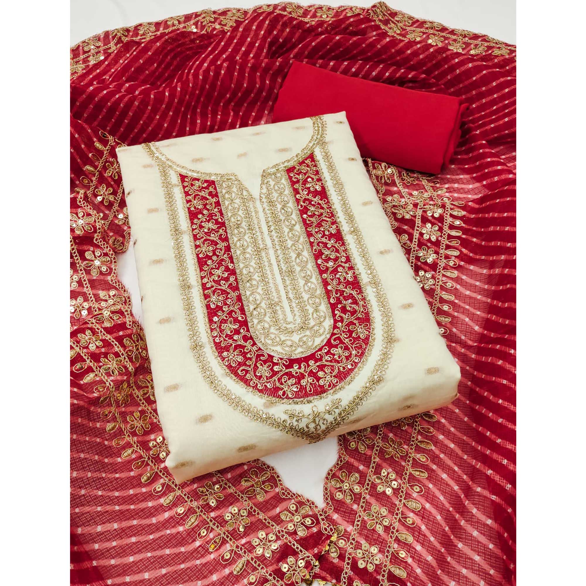 White Woven With Sequins Embroidery Chanderi Dress Material