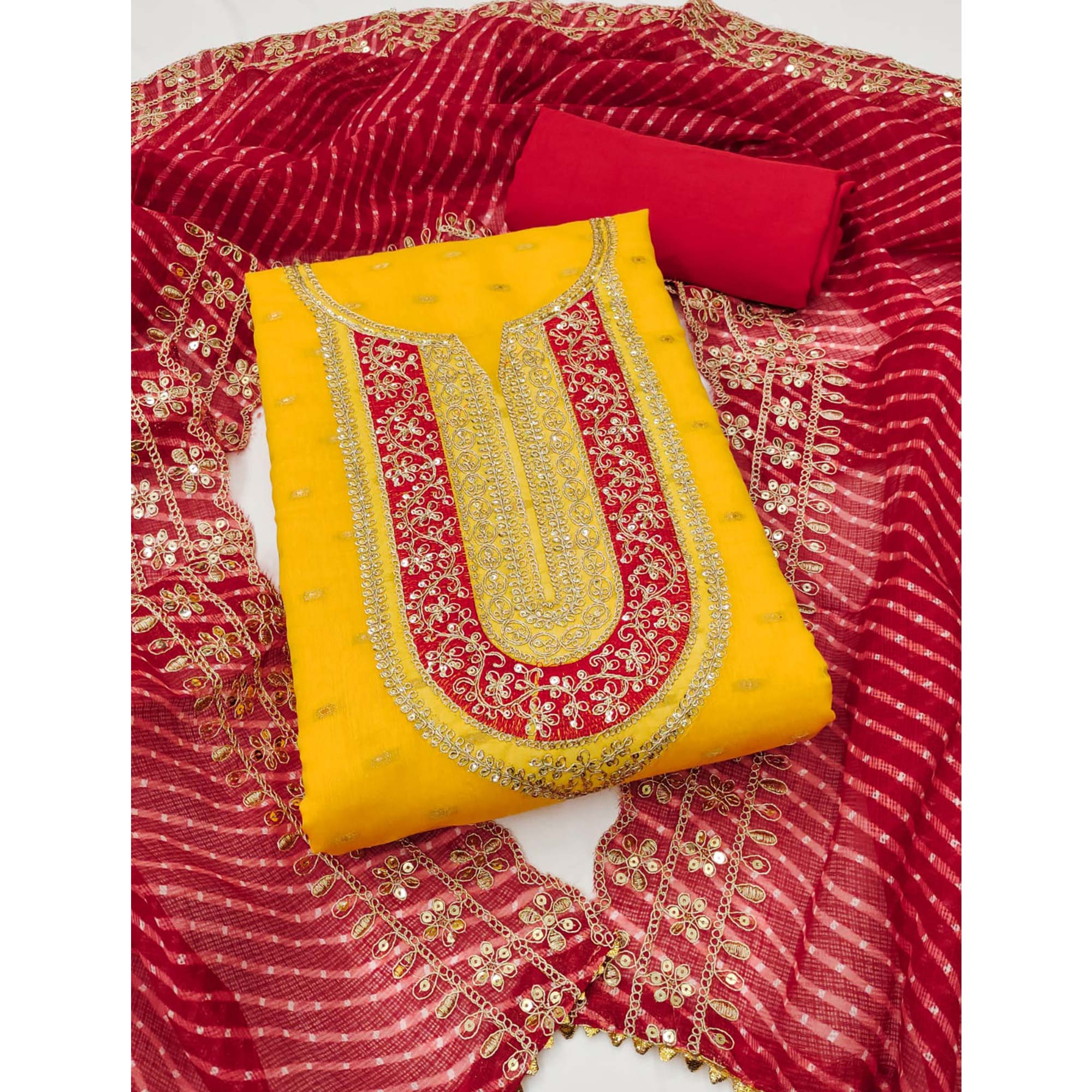 Yellow Woven With Sequins Embroidery Chanderi Dress Material