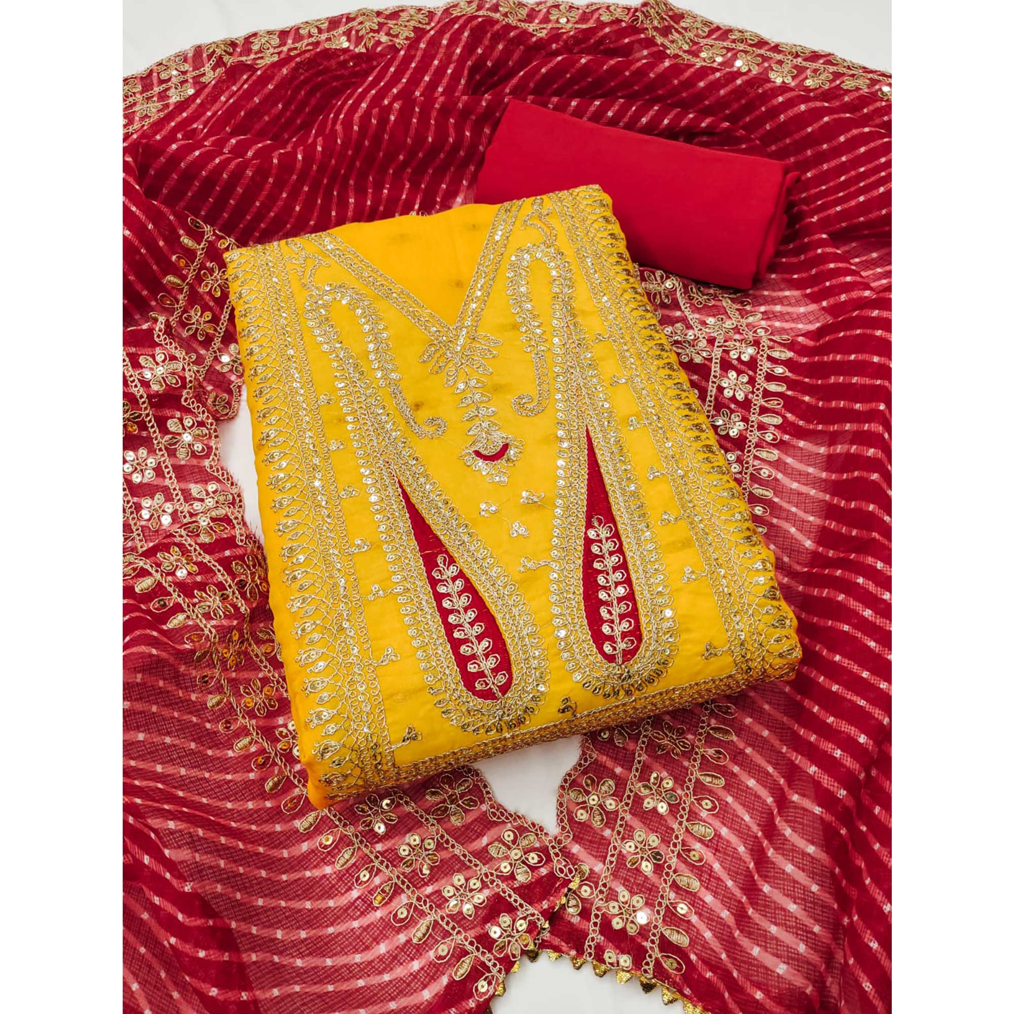 Yellow Woven With Sequins Embroidery Chanderi Dress Material