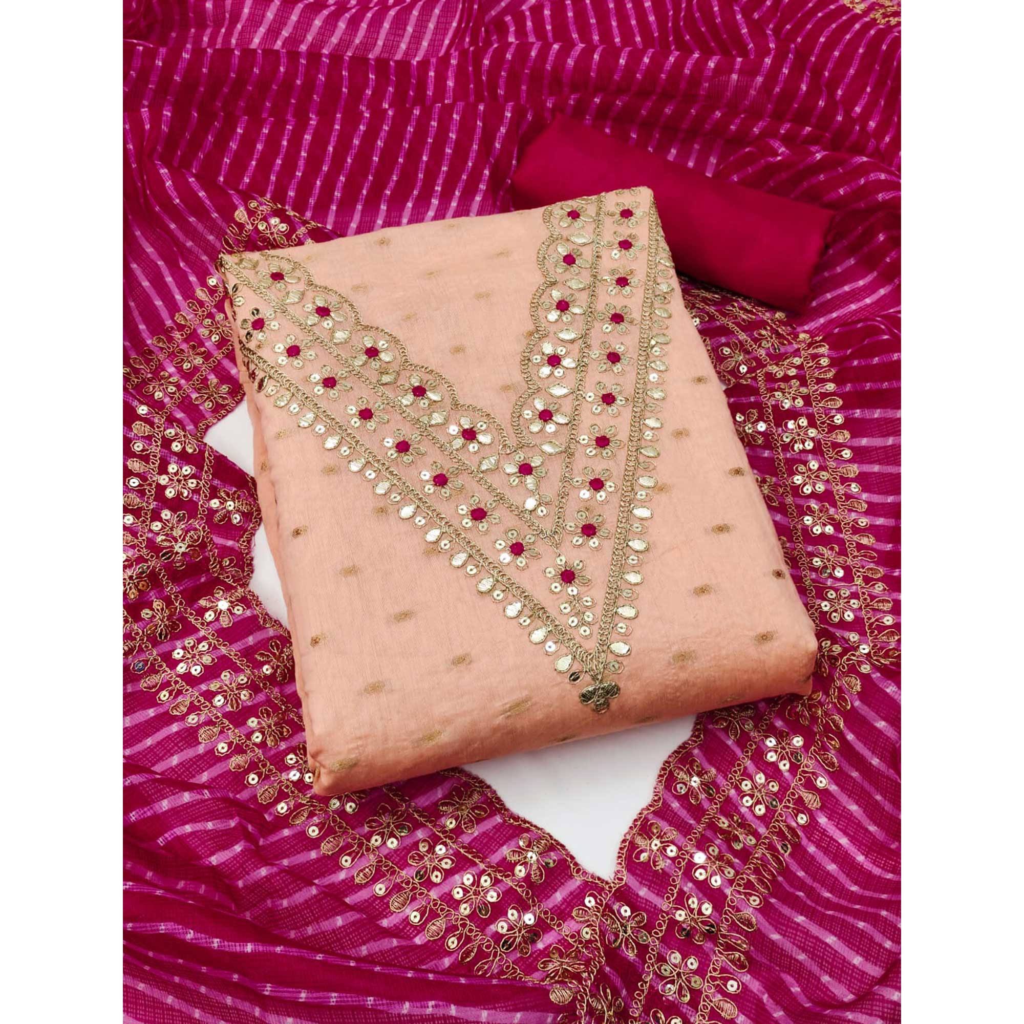 Peach Woven With Sequins Embroidery Chanderi Dress Material