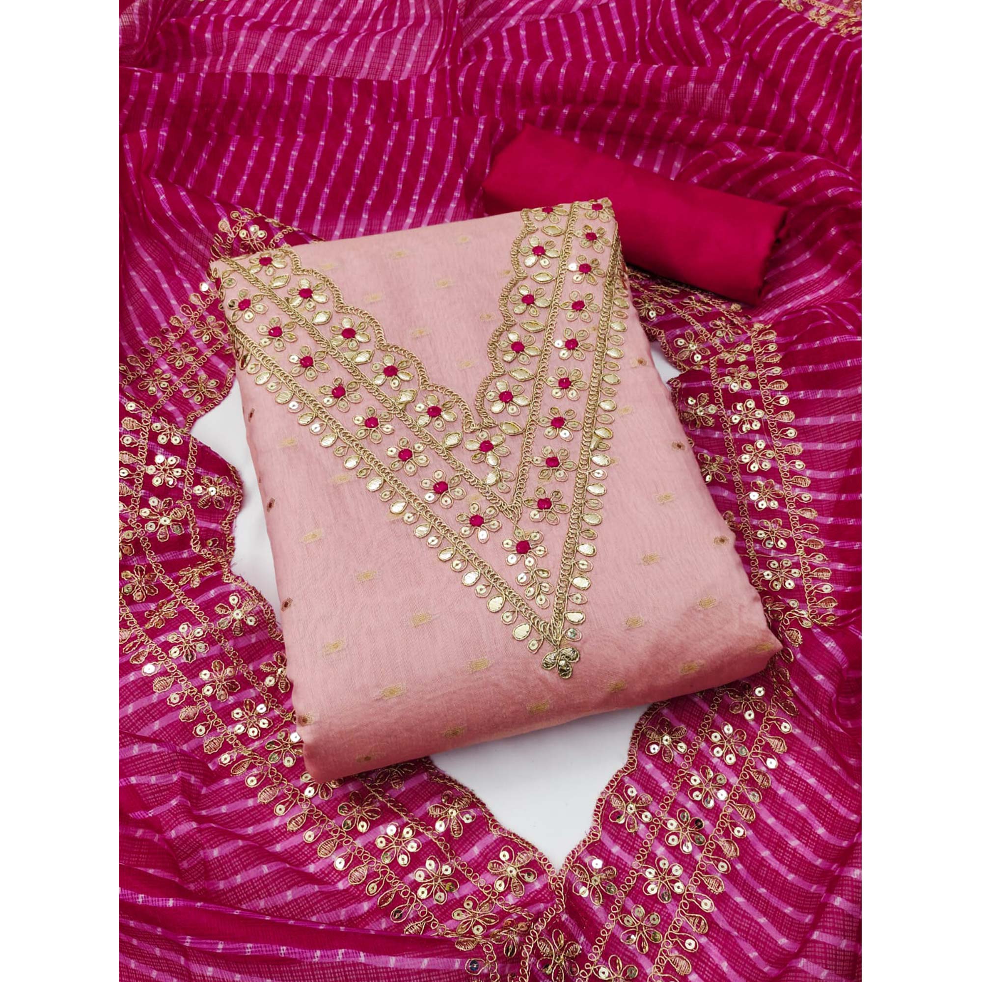 Pink Woven With Sequins Embroidery Chanderi Dress Material