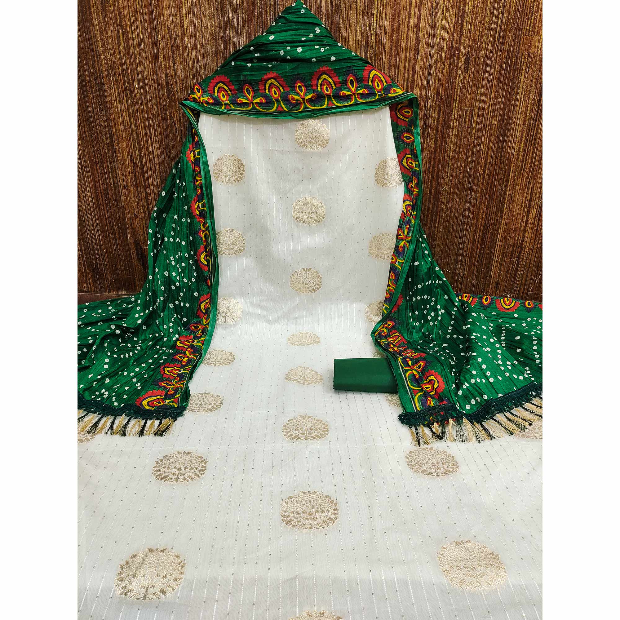 White & Green Sequins Embroidered With Woven Jacquard Dress Material