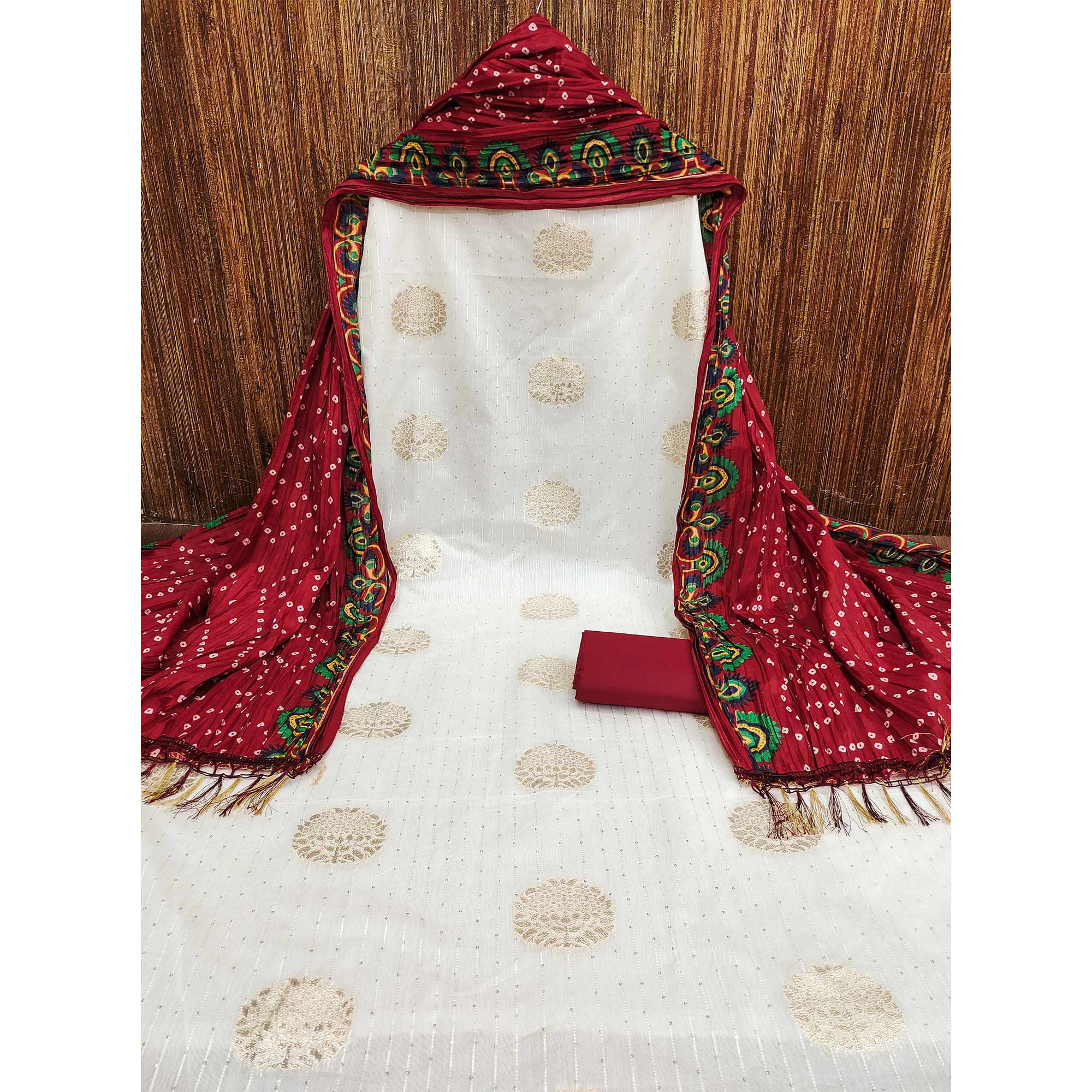 White & Maroon Sequins Embroidered With Woven Jacquard Dress Material