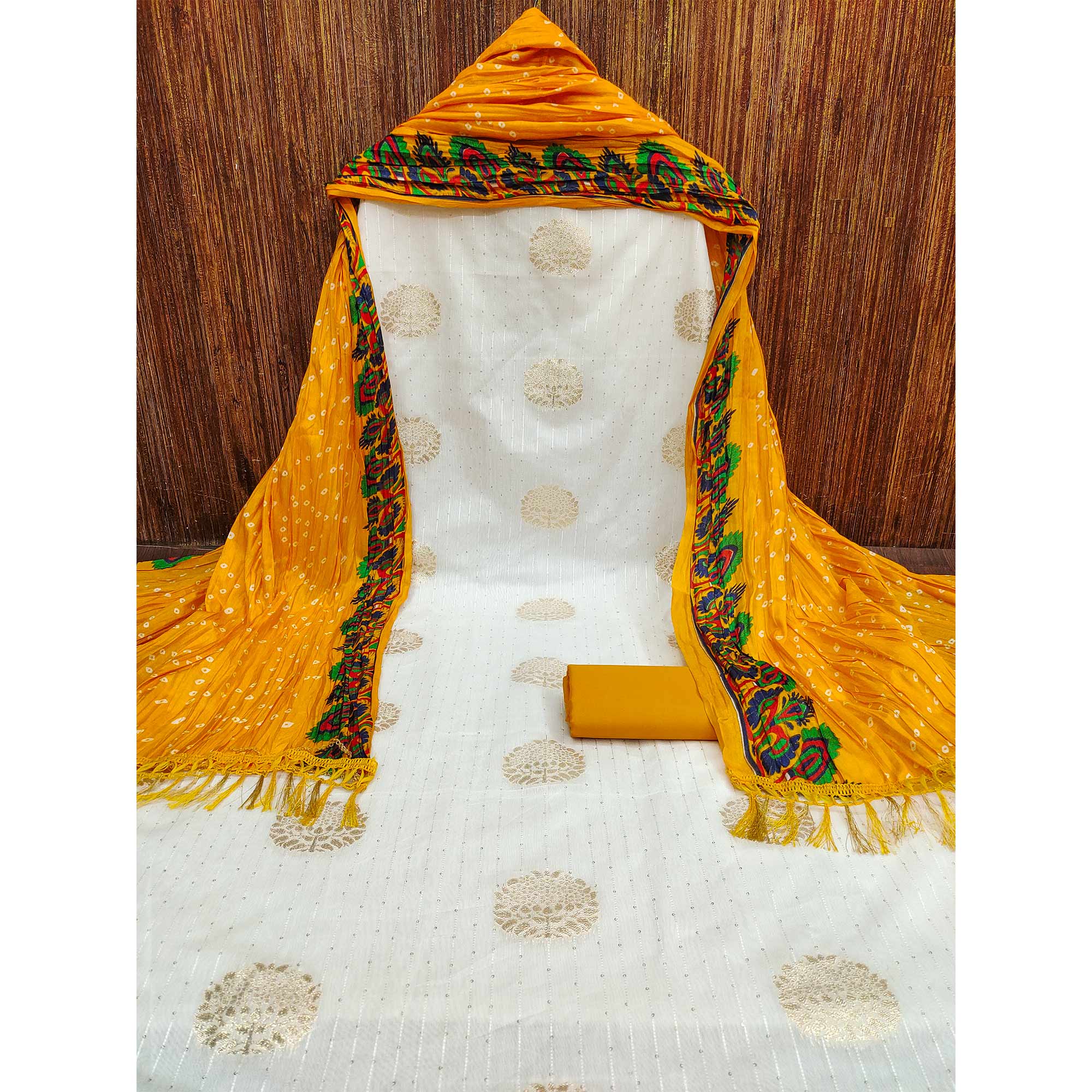 White & Mustard Sequins Embroidered With Woven Jacquard Dress Material