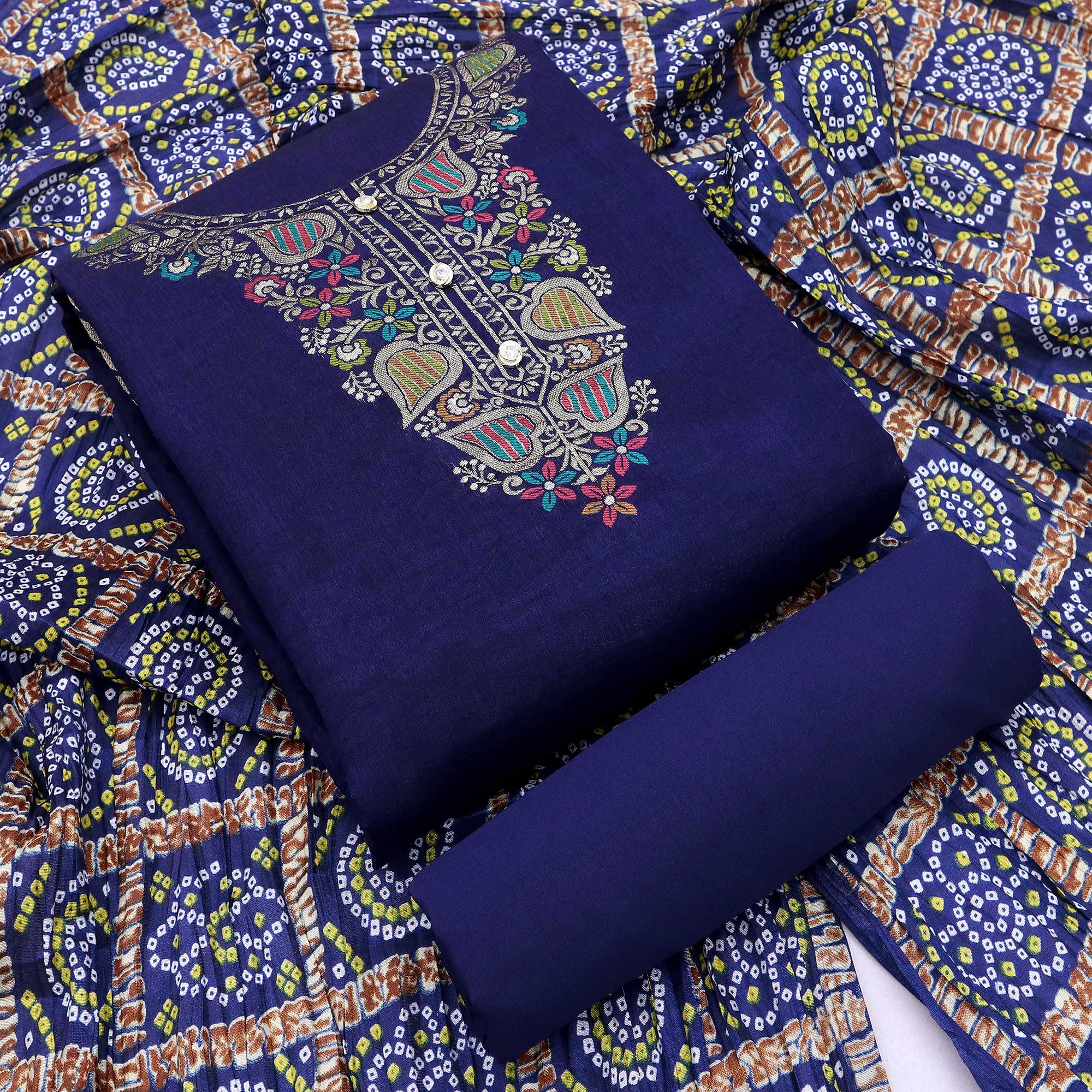 Blue Floral Woven Chanderi Jacquard Dress Material