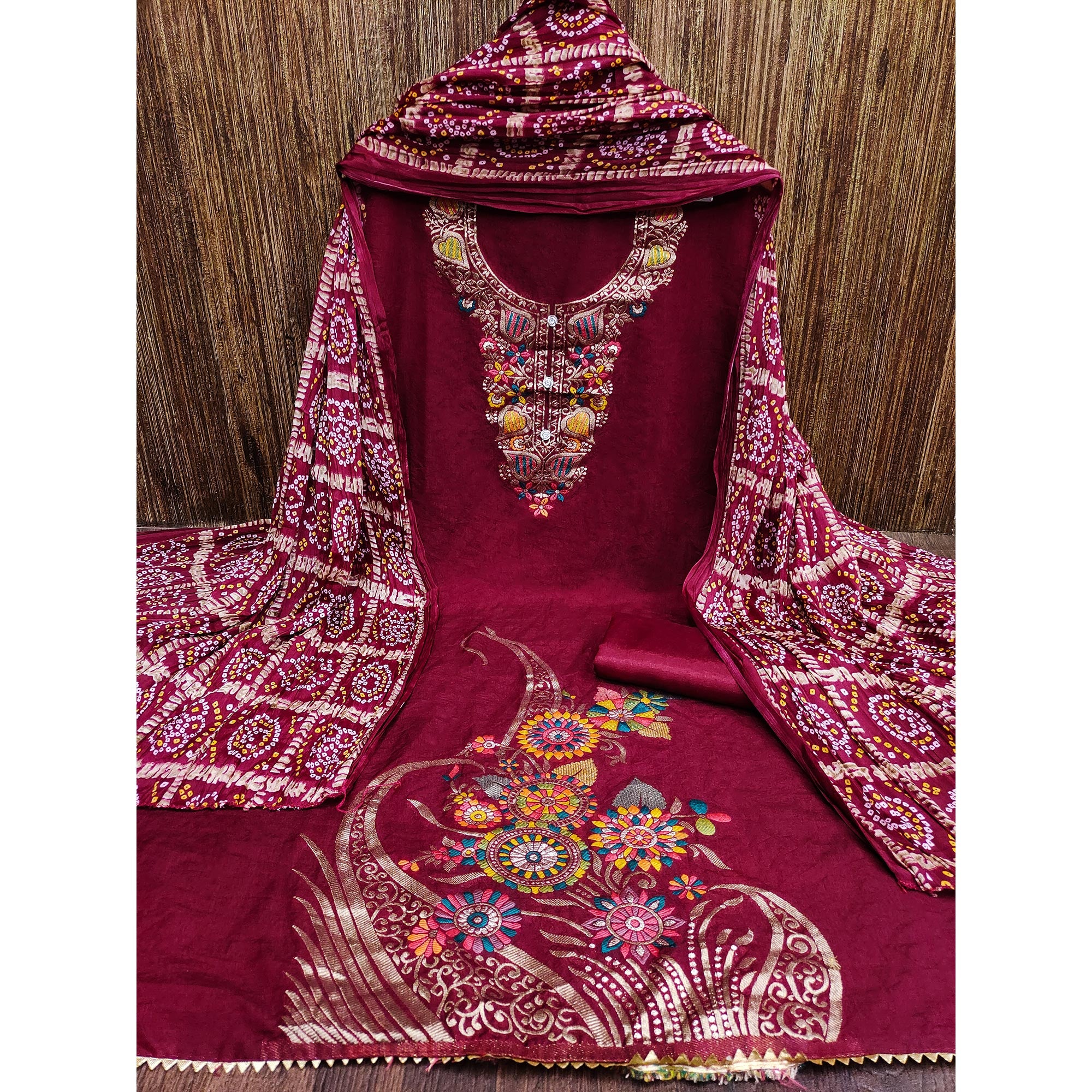 Maroon Floral Woven Chanderi Jacquard Dress Material