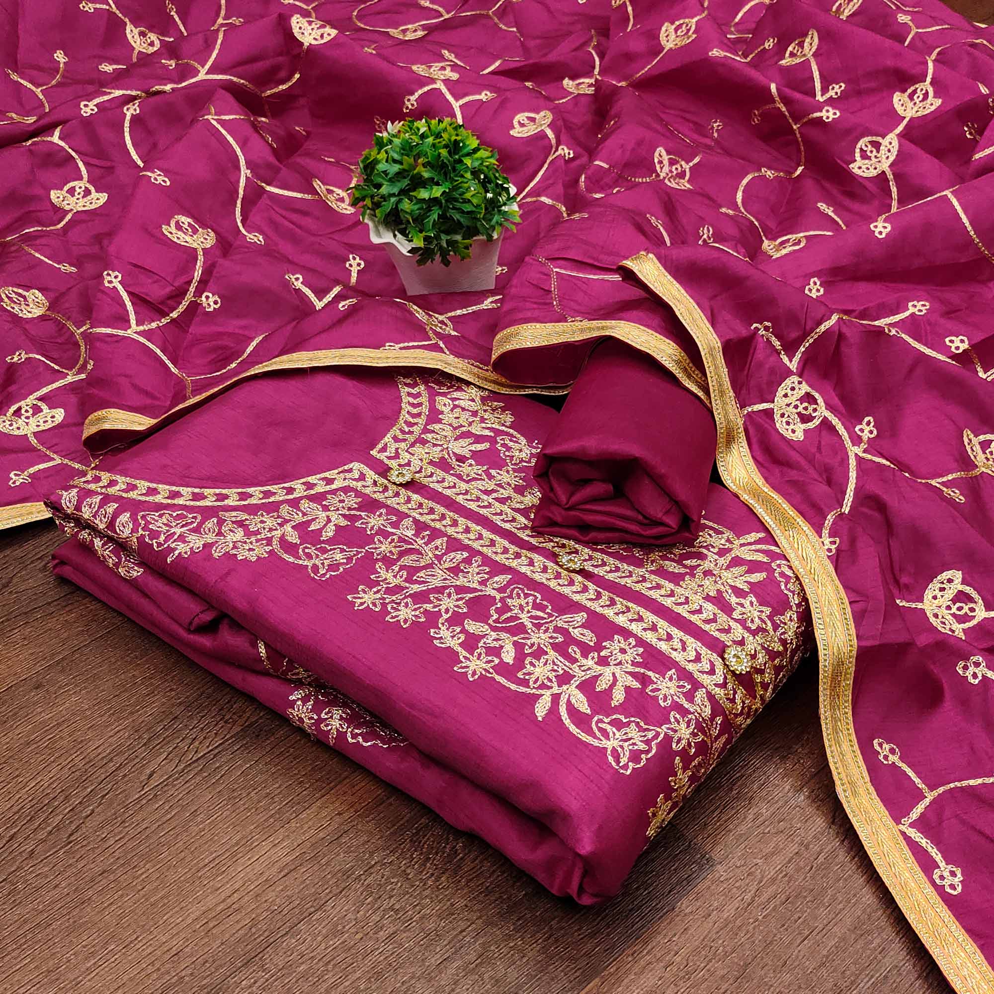 Rani Pink Floral Embroidered Art Silk Dress Material