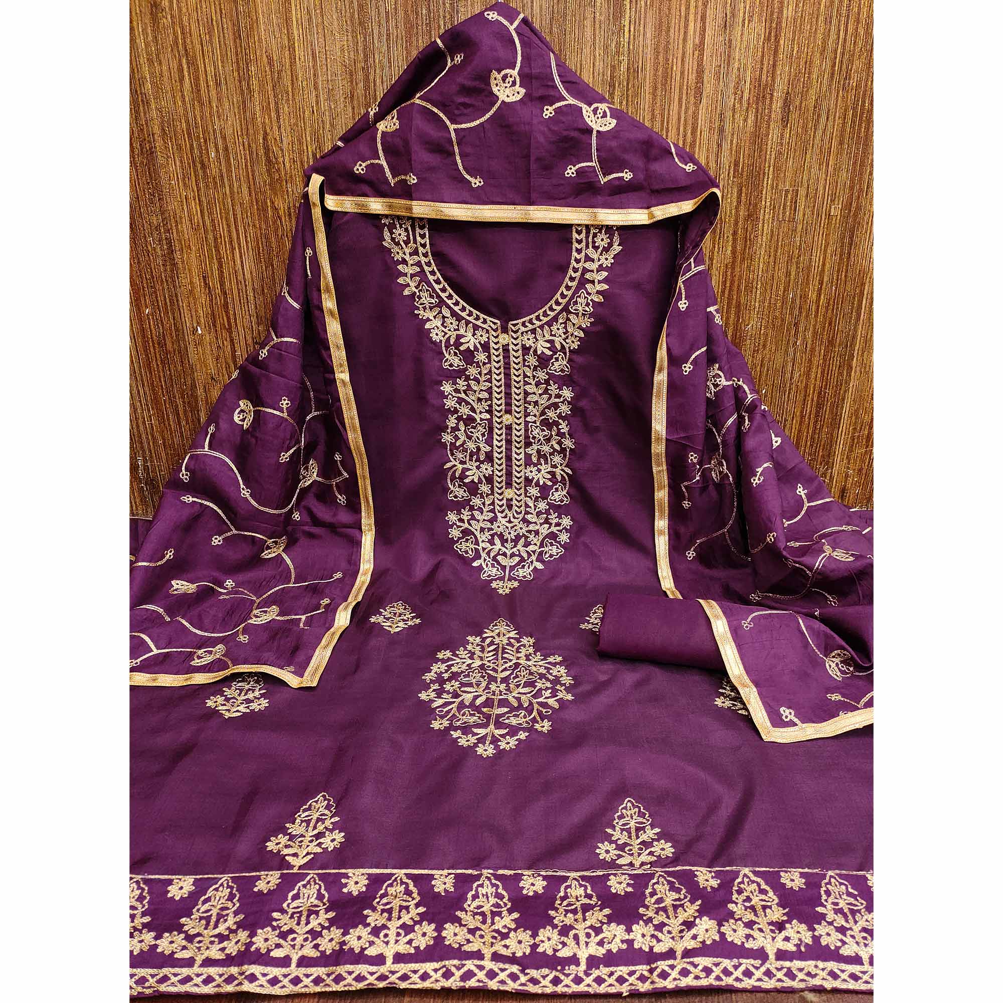 Wine Floral Embroidered Art Silk Dress Material