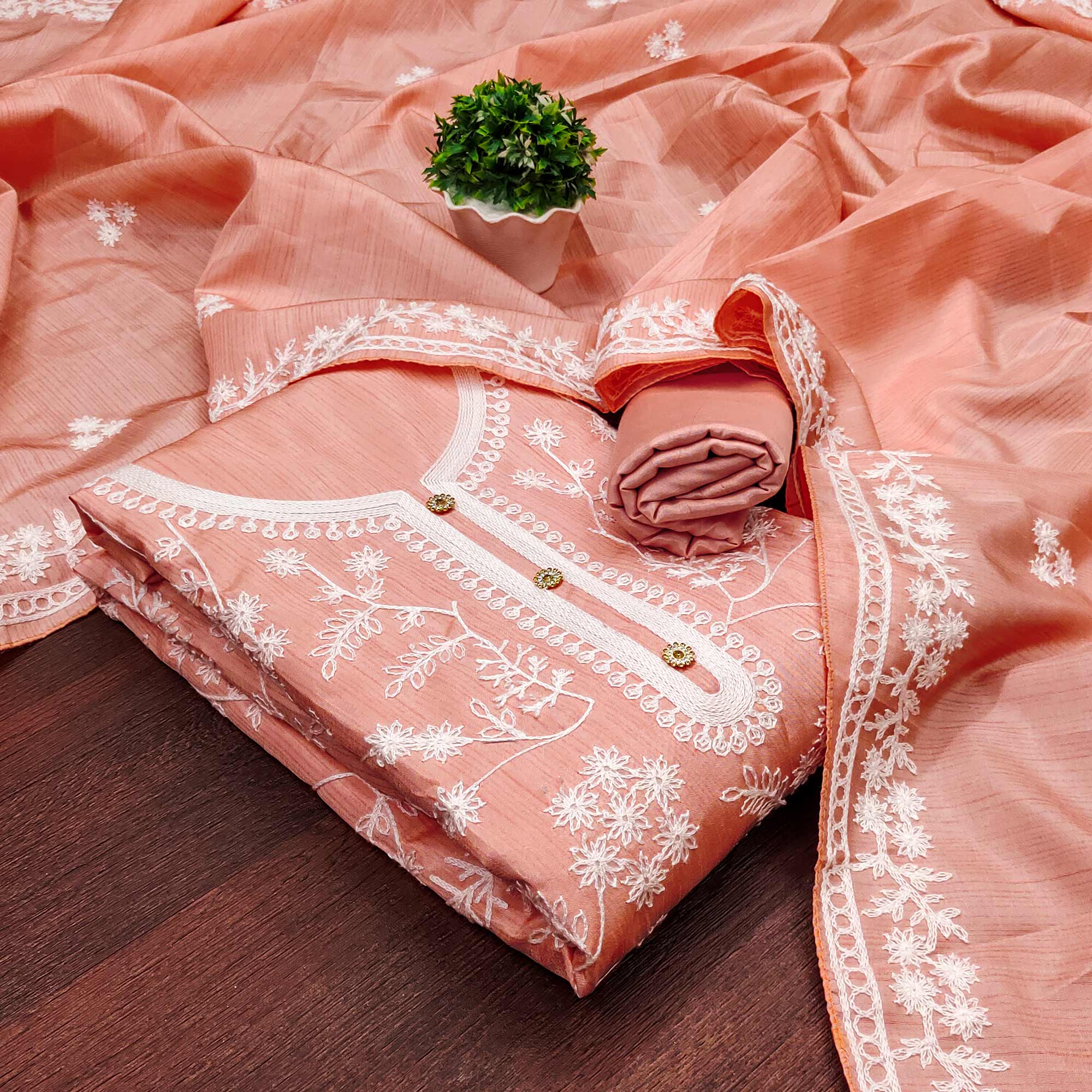 Peach Floral Embroidered Art Silk Dress Material