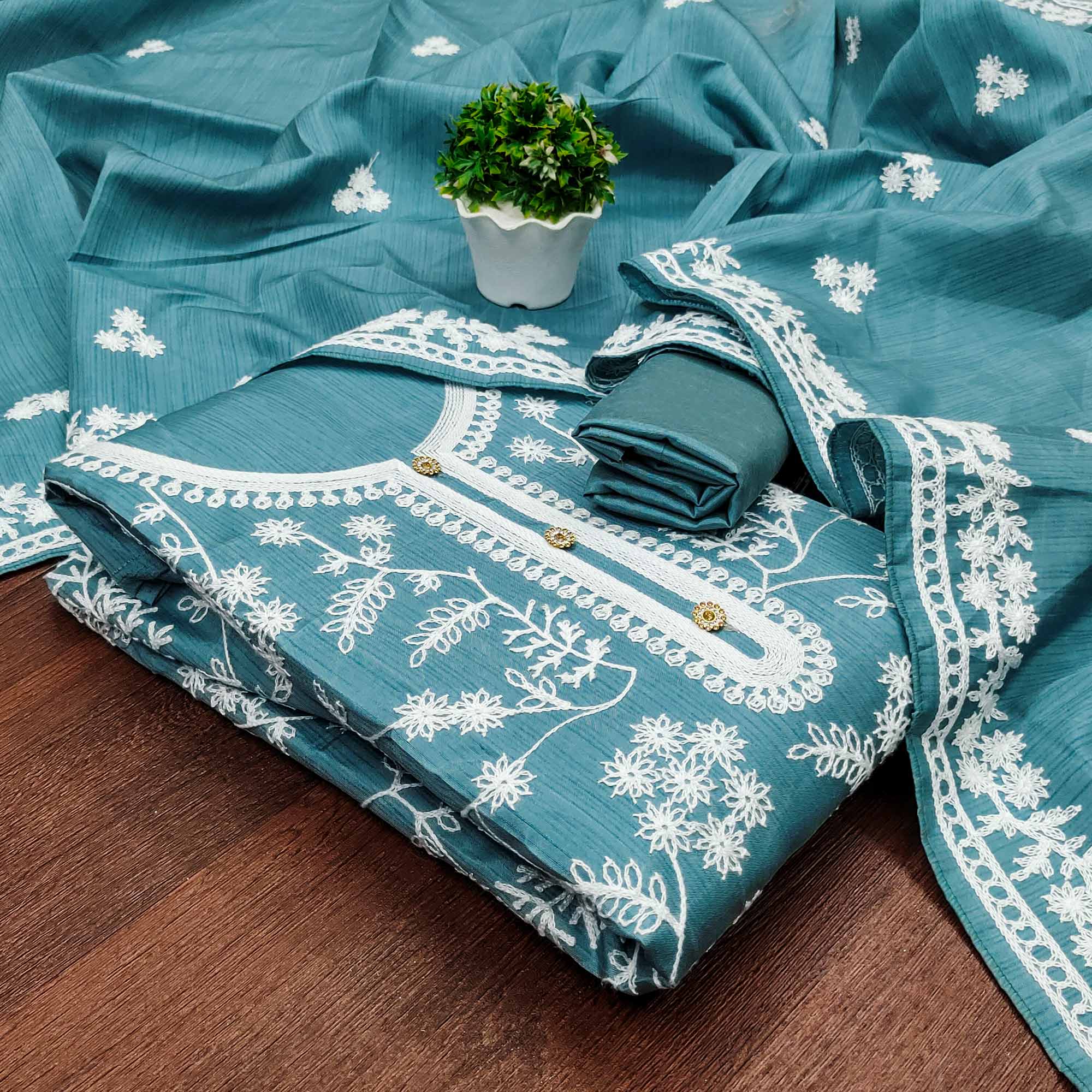 Rama Blue Floral Embroidered Art Silk Dress Material