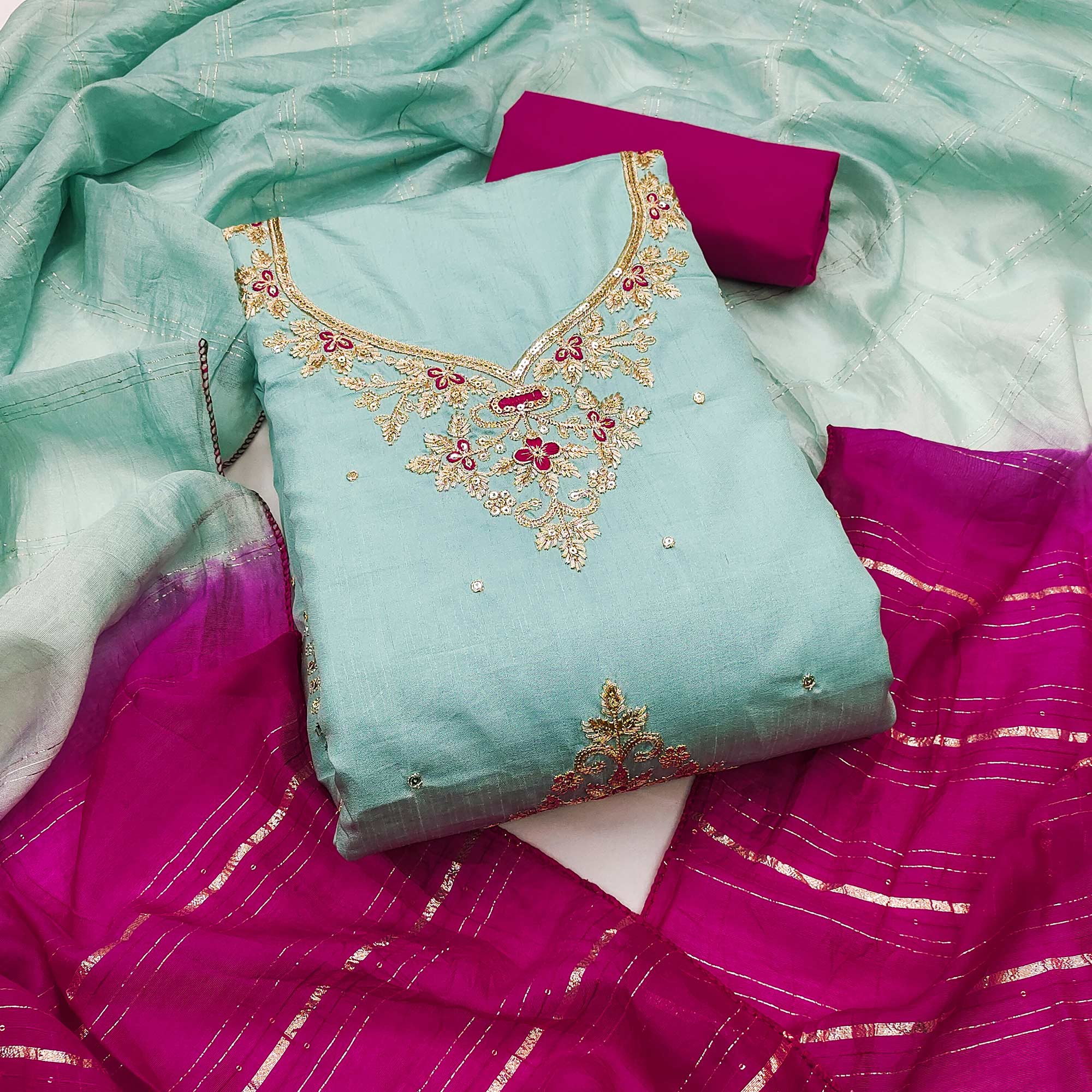 Blue Floral Sequins Embroidered Art Silk Dress Material