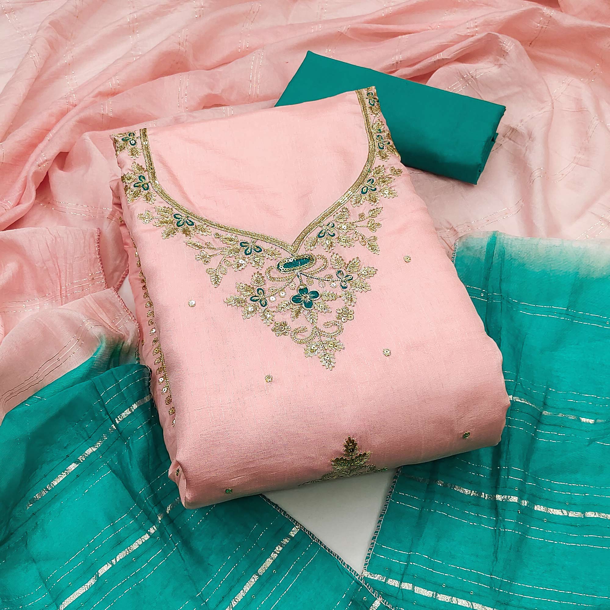 Peach Floral Sequins Embroidered Art Silk Dress Material