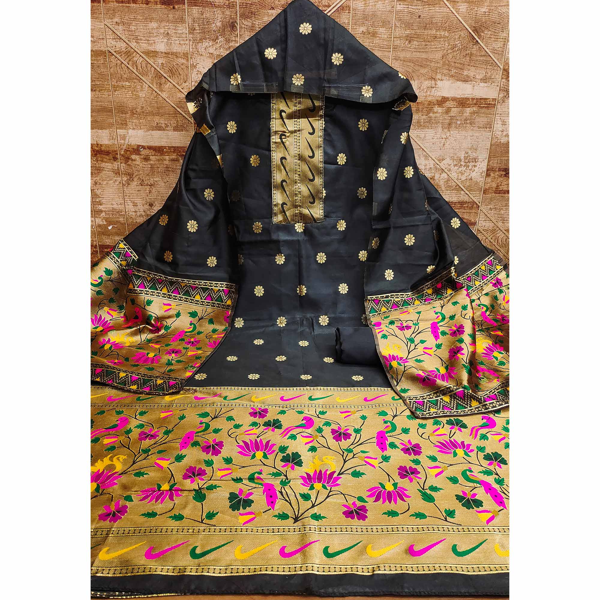 Black Floral Woven Paithani Banarasi Silk Dress Material