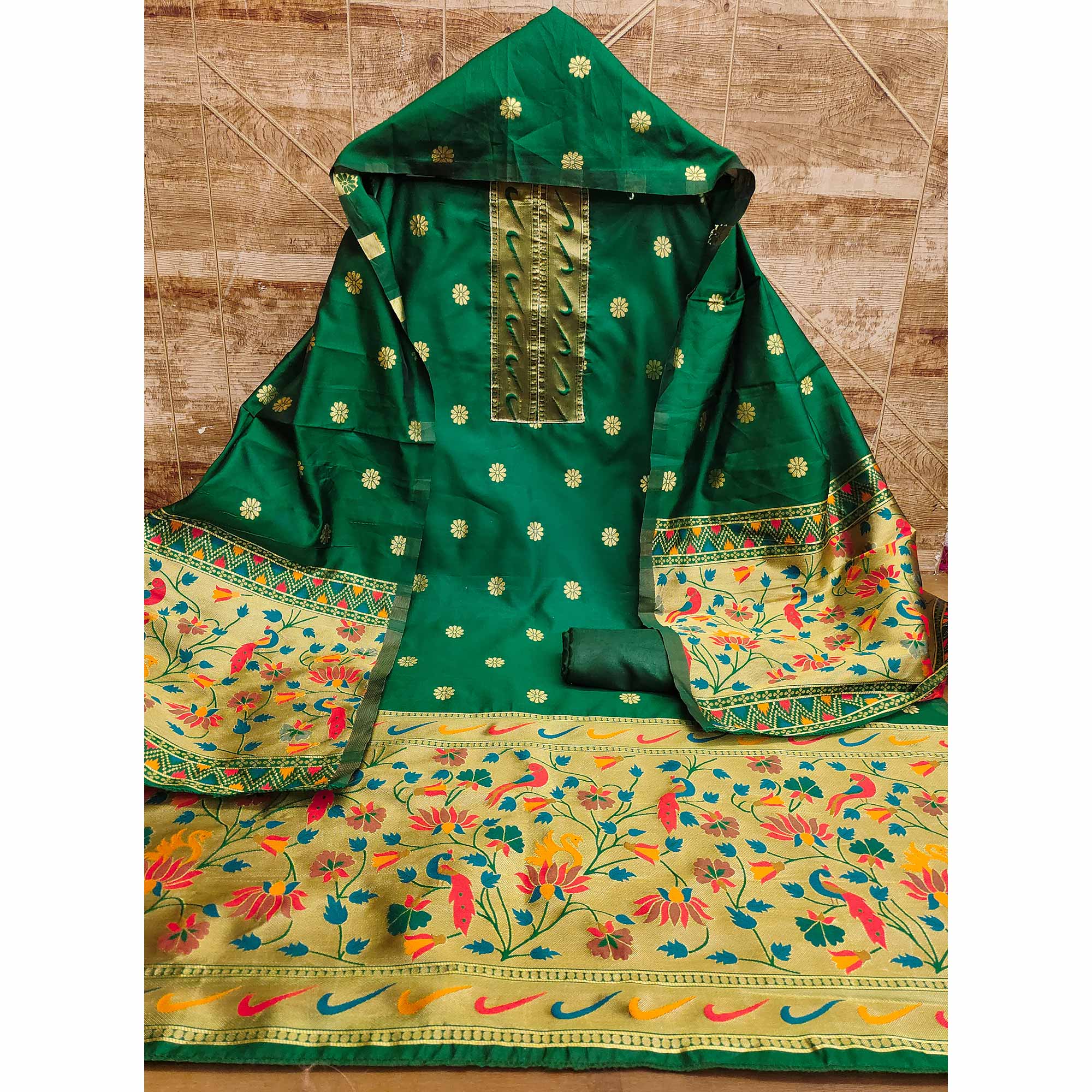Bottle Green Floral Woven Paithani Banarasi Silk Dress Material