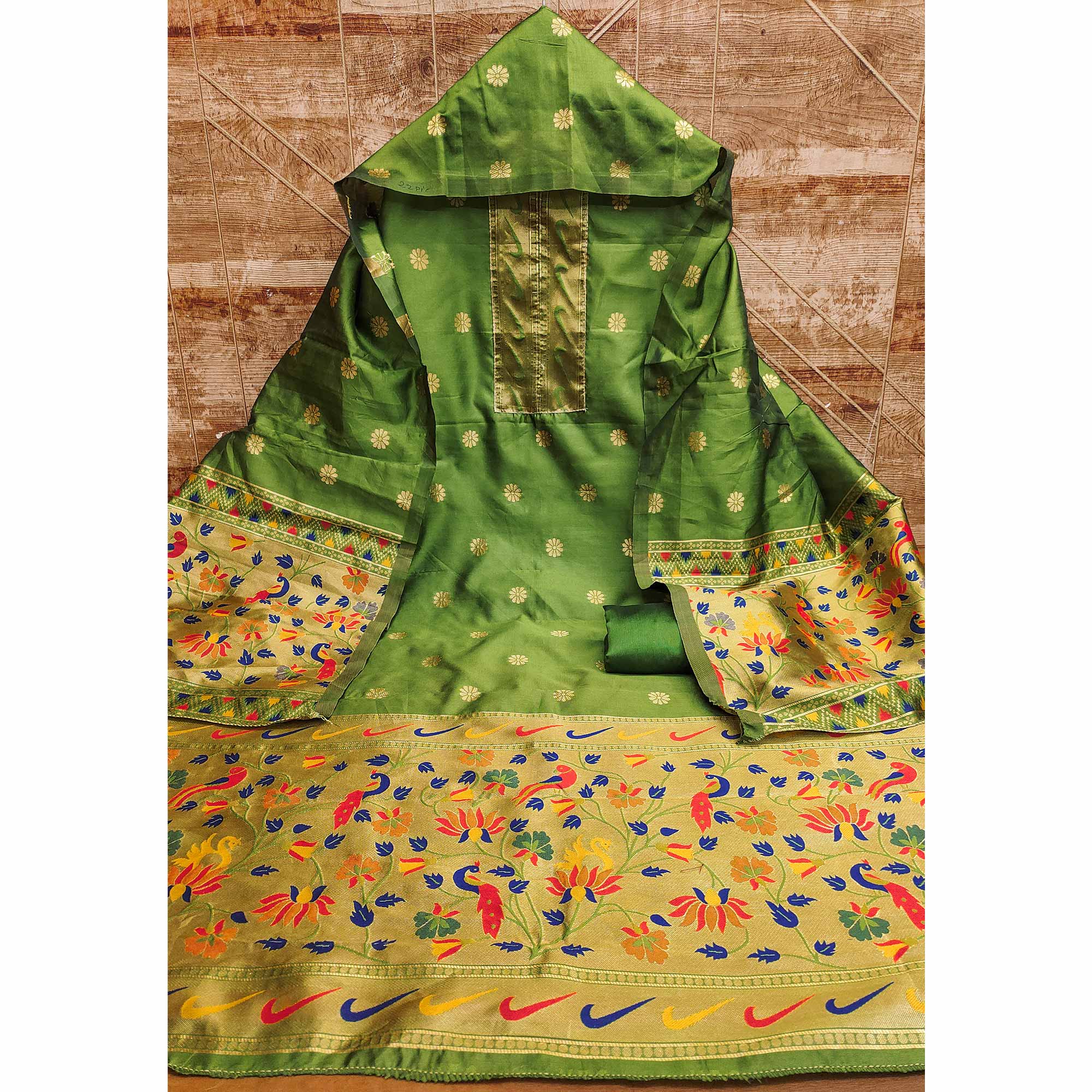 Green Floral Woven Paithani Banarasi Silk Dress Material